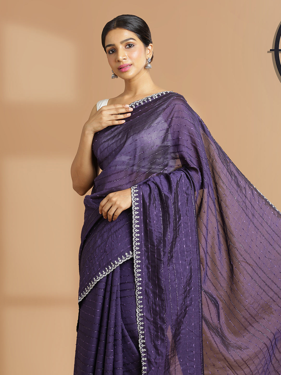 Violet Color Vijithra Silk Saree With Horizontal Thread Stripes Over Body