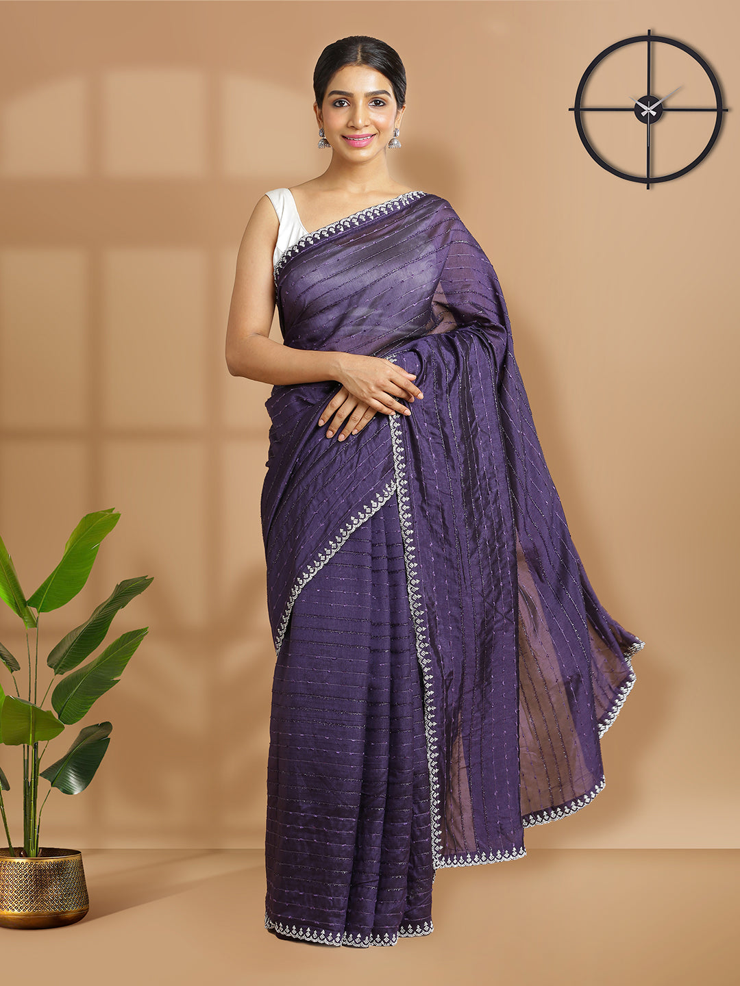 Violet Color Vijithra Silk Saree With Horizontal Thread Stripes Over Body