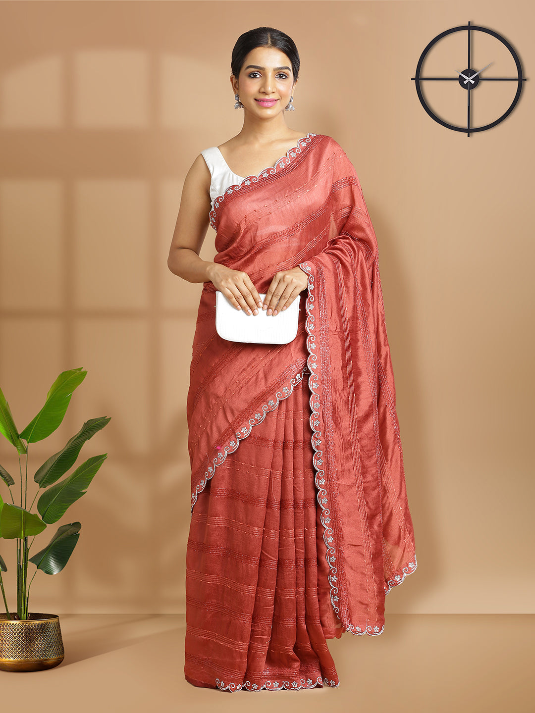 Brick Red Vijithra Silk Saree With Horizontal Thread Stripes Over Body