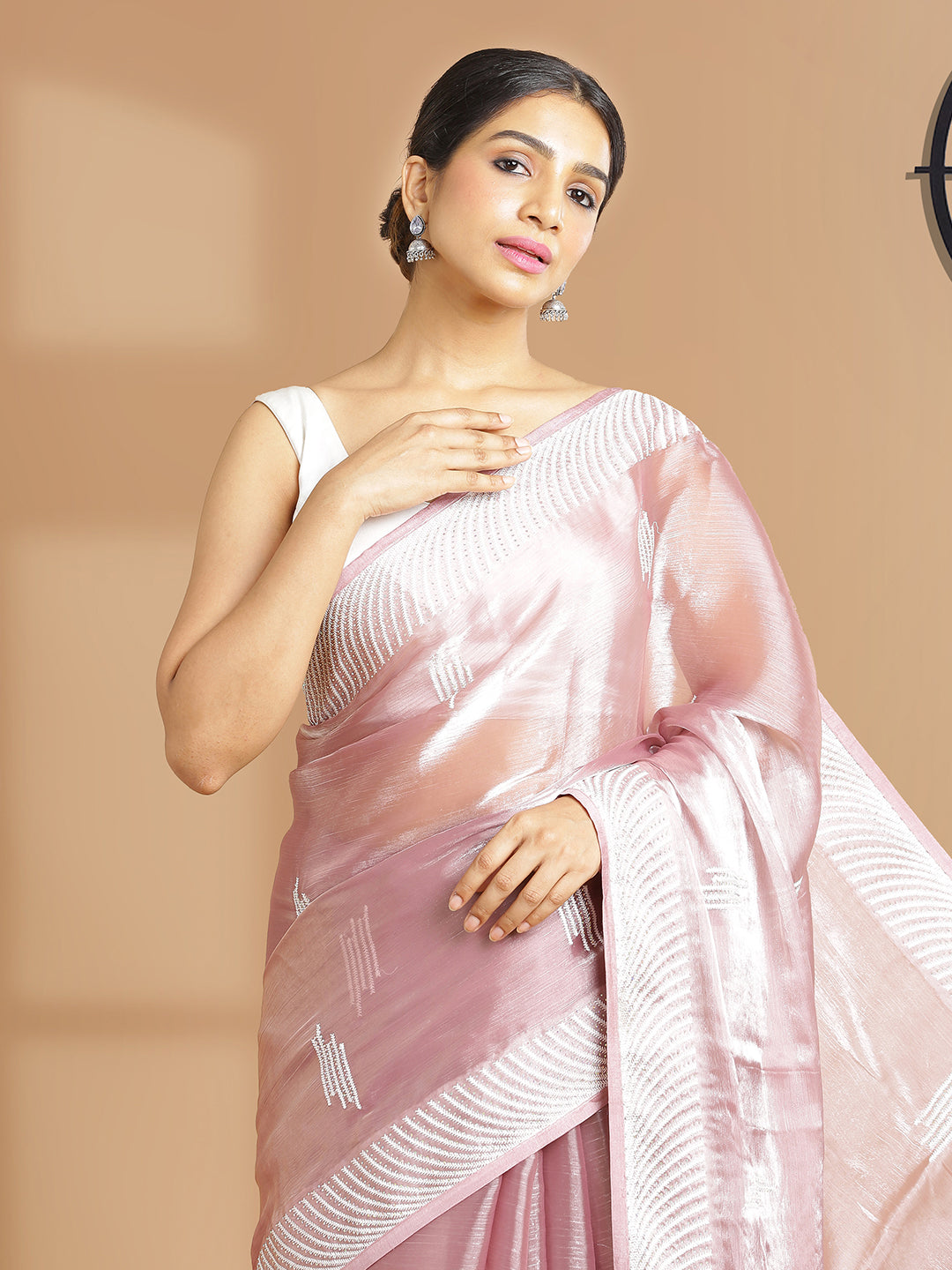 Onion Pink Organza Saree With Thread And Stone Work Over Body