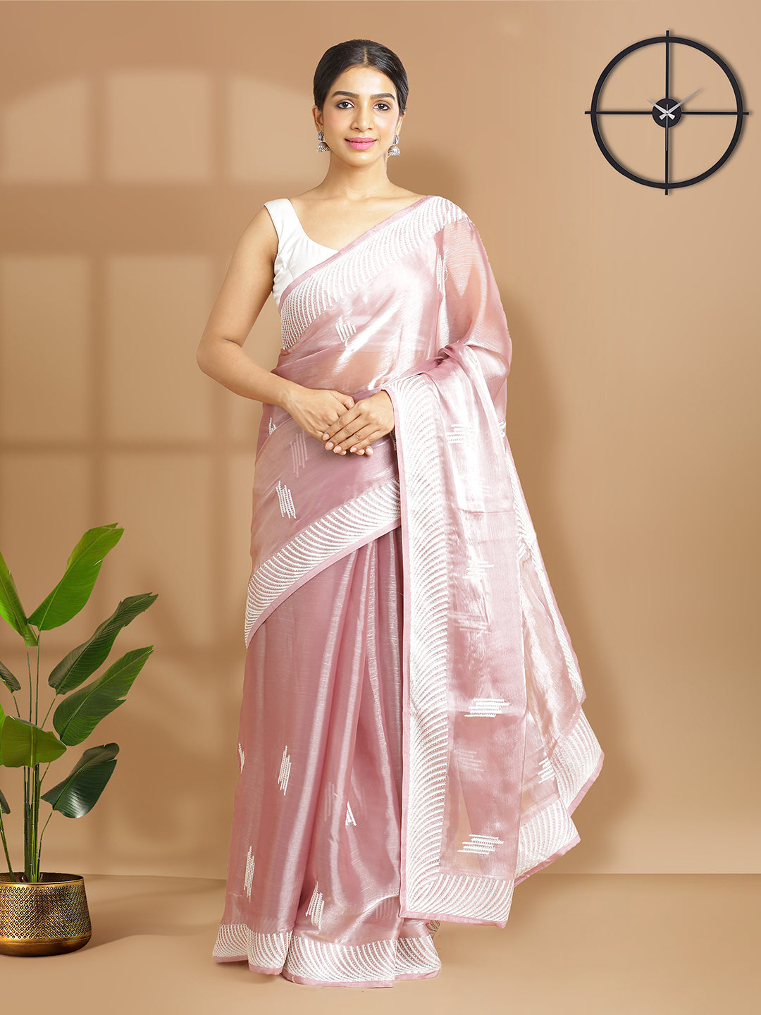 Onion Pink Organza Saree With Thread And Stone Work Over Body