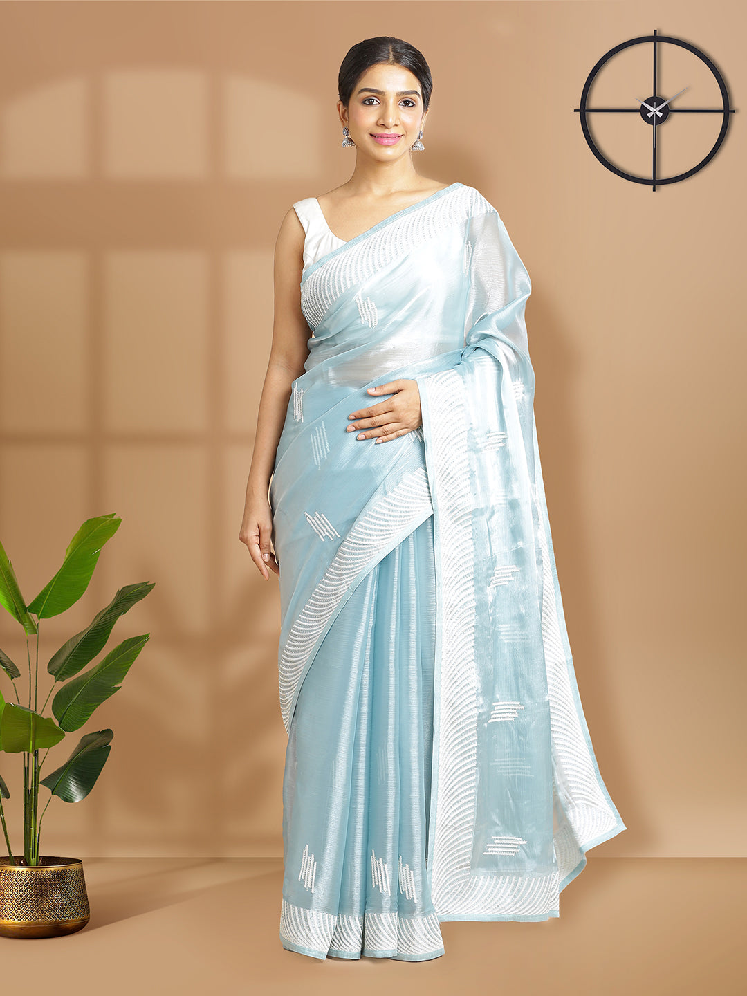 Light Blue Organza Saree With Thread And Stone Work Over Body