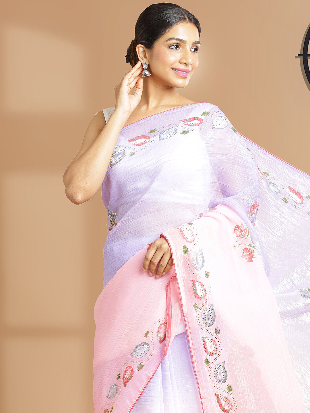 Pink And Lavender Double Shade Floral Painted With Metalic Glue Designed Georgette Saree