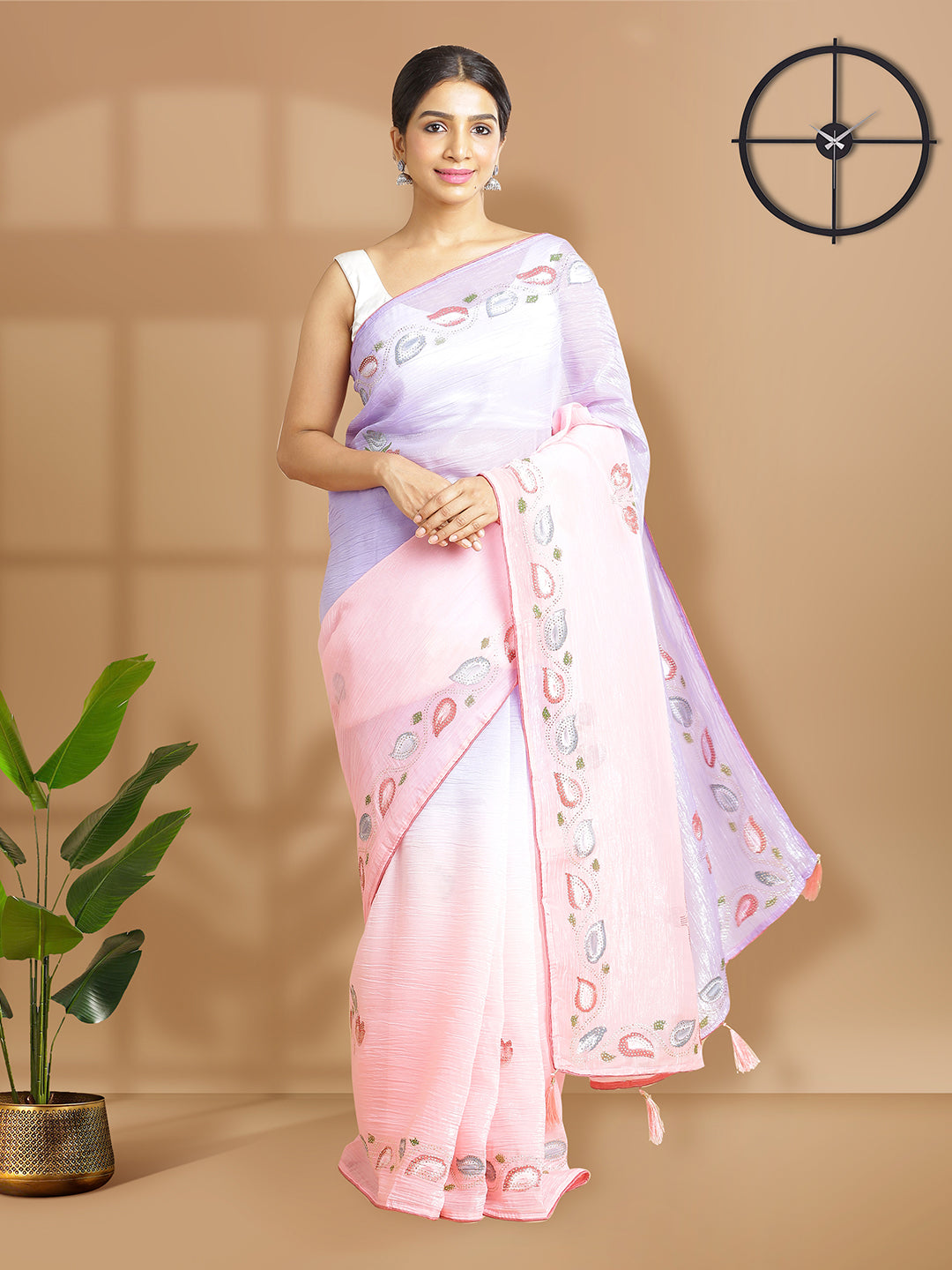 Pink And Lavender Double Shade Floral Painted With Metalic Glue Designed Georgette Saree