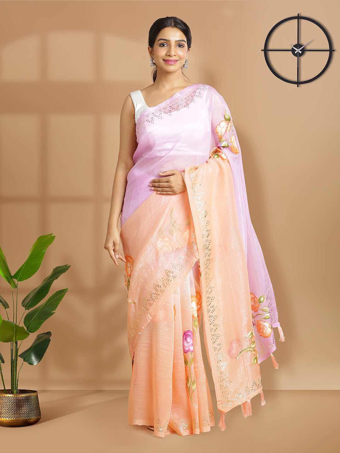 Peach And Pink Double Shade Floral Painted Tissue Georgette Saree