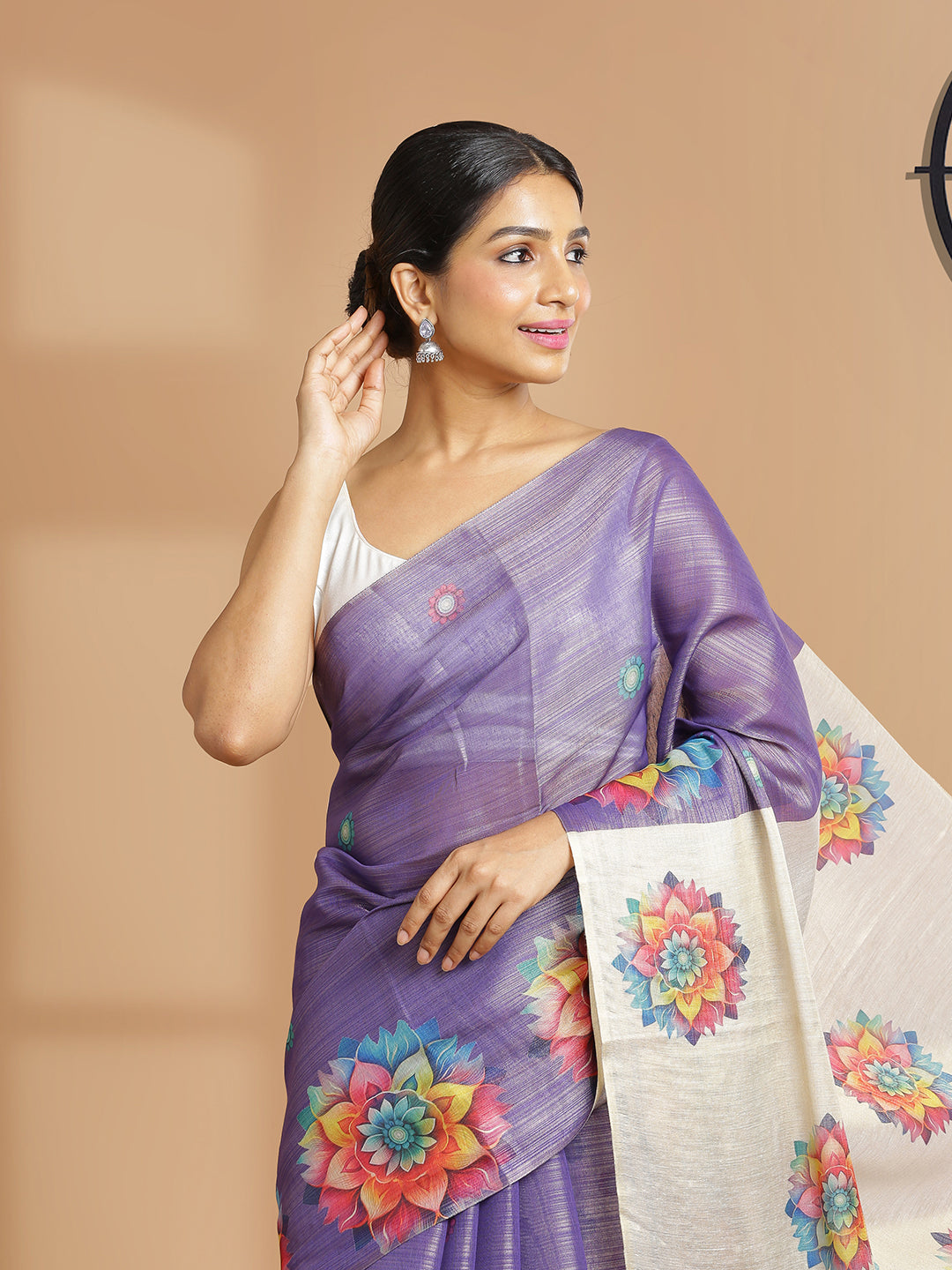 Violet Color Tissue Saree And Golden Pallu With Floral Design Over Body