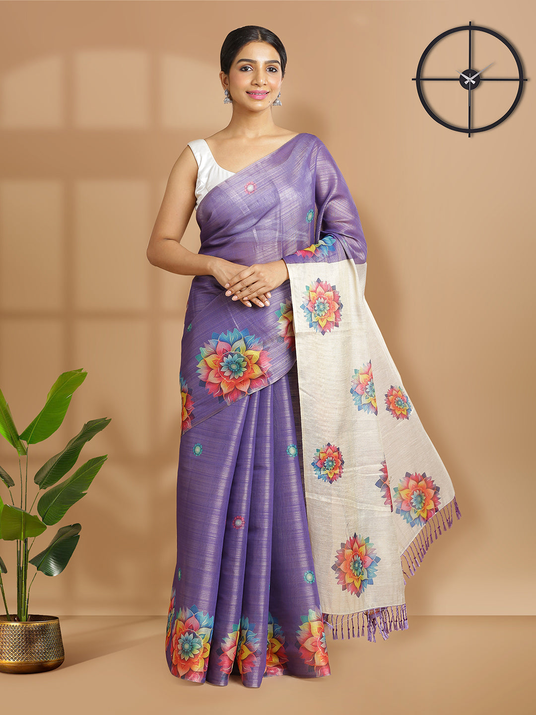 Violet Color Tissue Saree And Golden Pallu With Floral Design Over Body