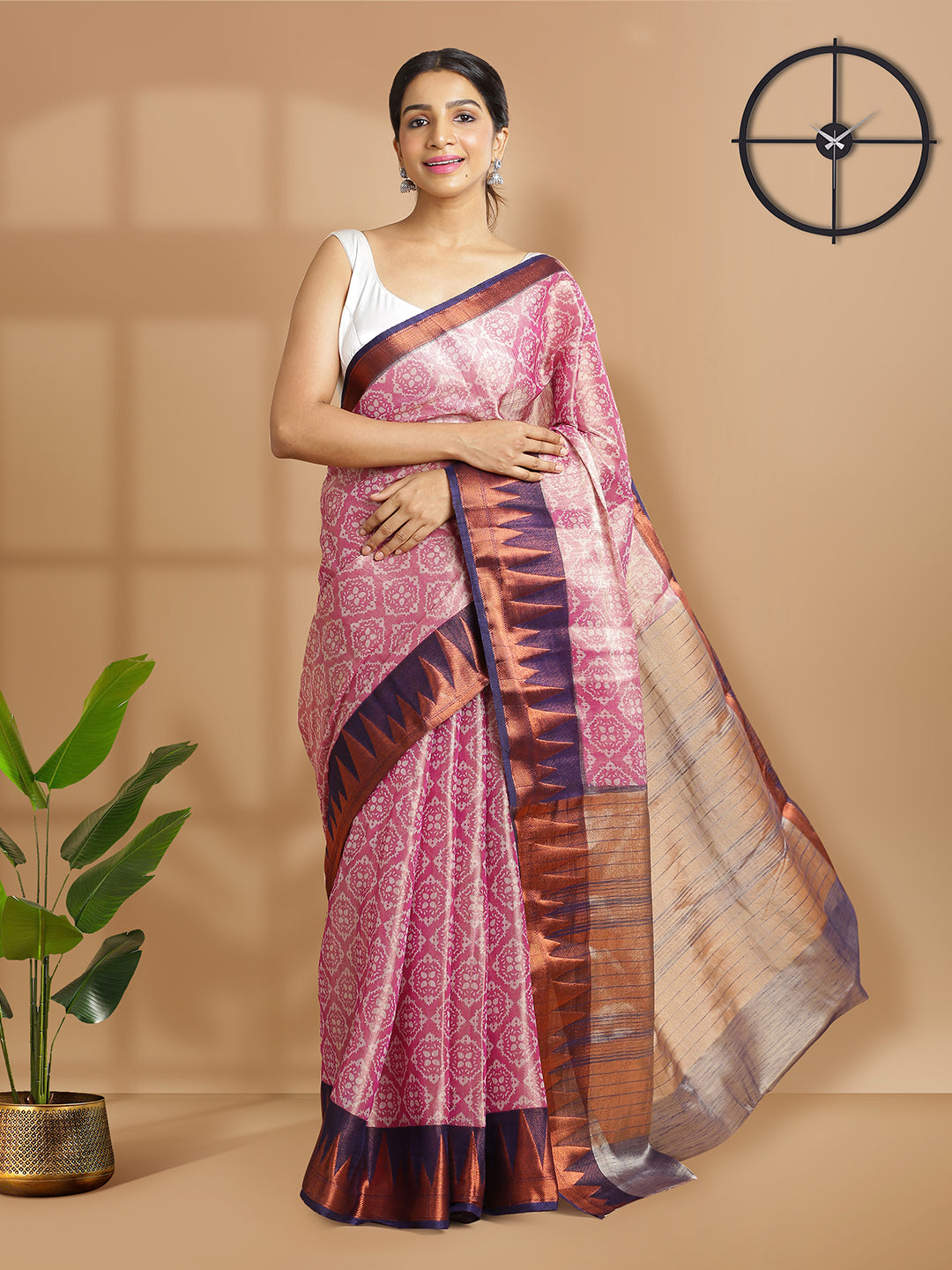 Magenta Color Tissue Saree With Ajrakh Print Design All Over Body