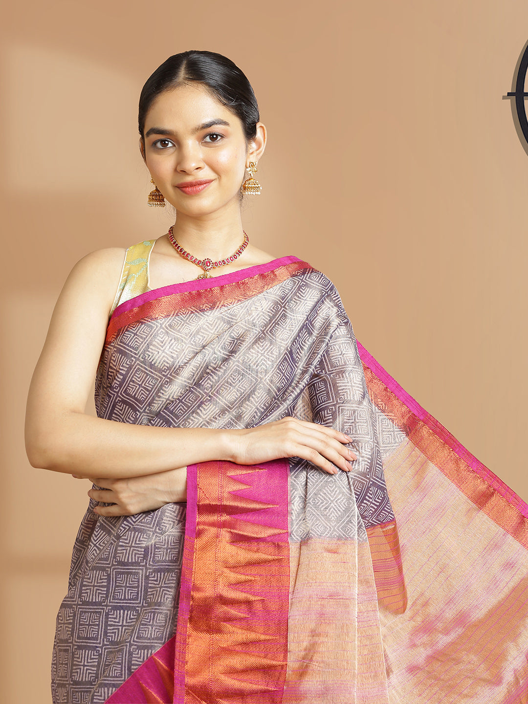 Ash Color Tissue Saree With Geomatric Print Design Over Body