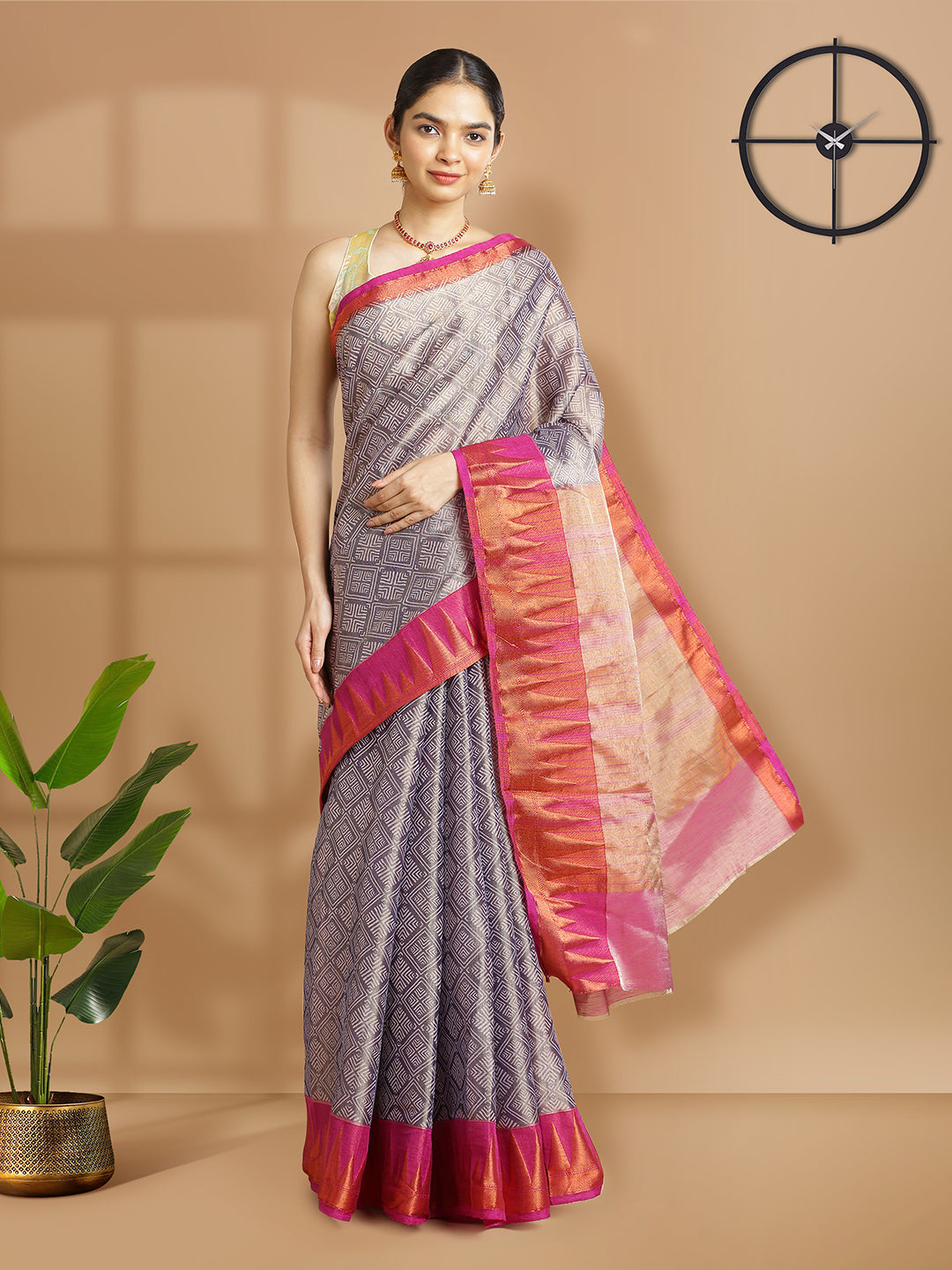 Ash Color Tissue Saree With Geomatric Print Design Over Body