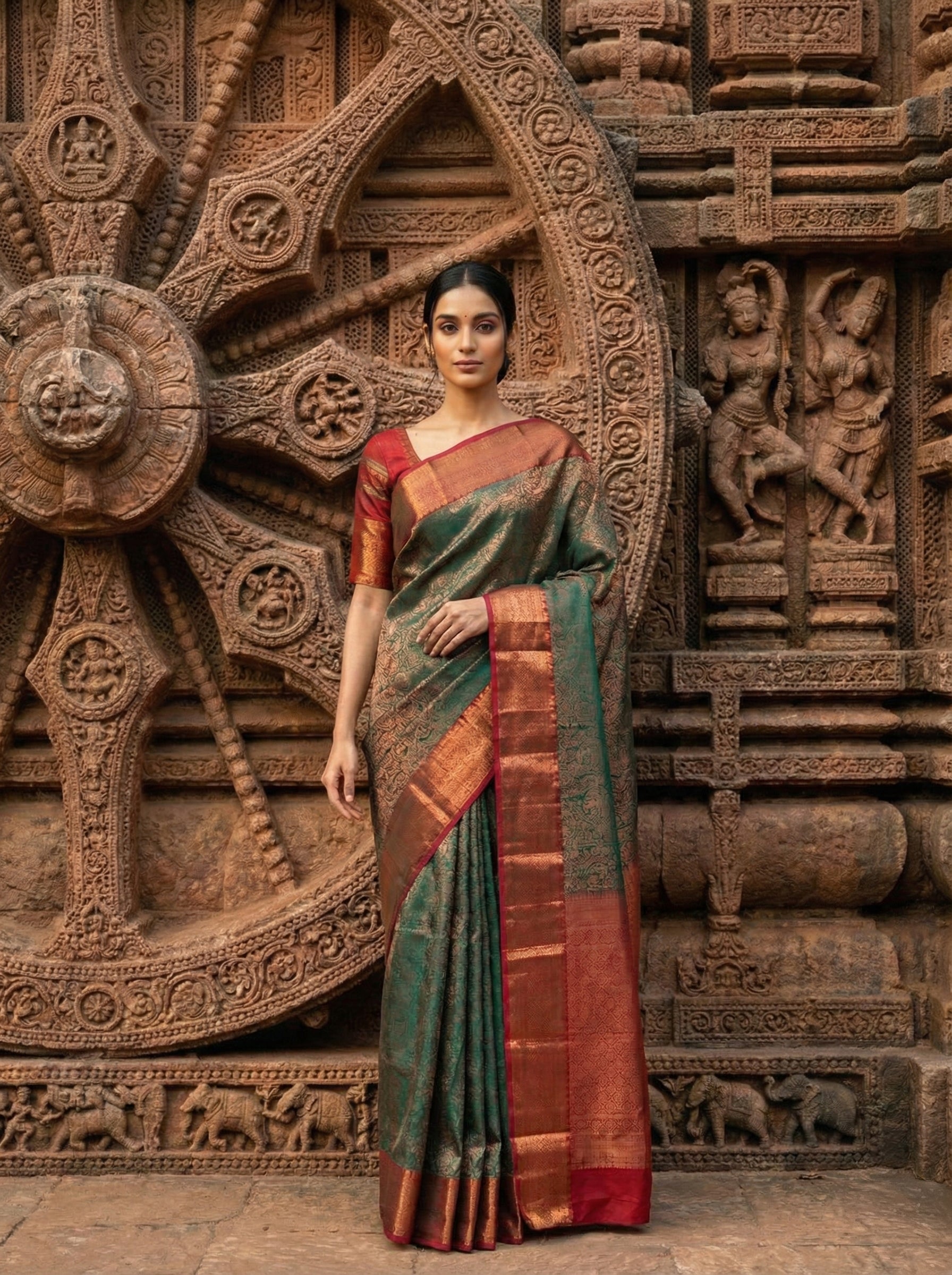 Semi Brocade Silk Saree in Green with Floral Design Copper Zari Contrast Ruby Pink Border