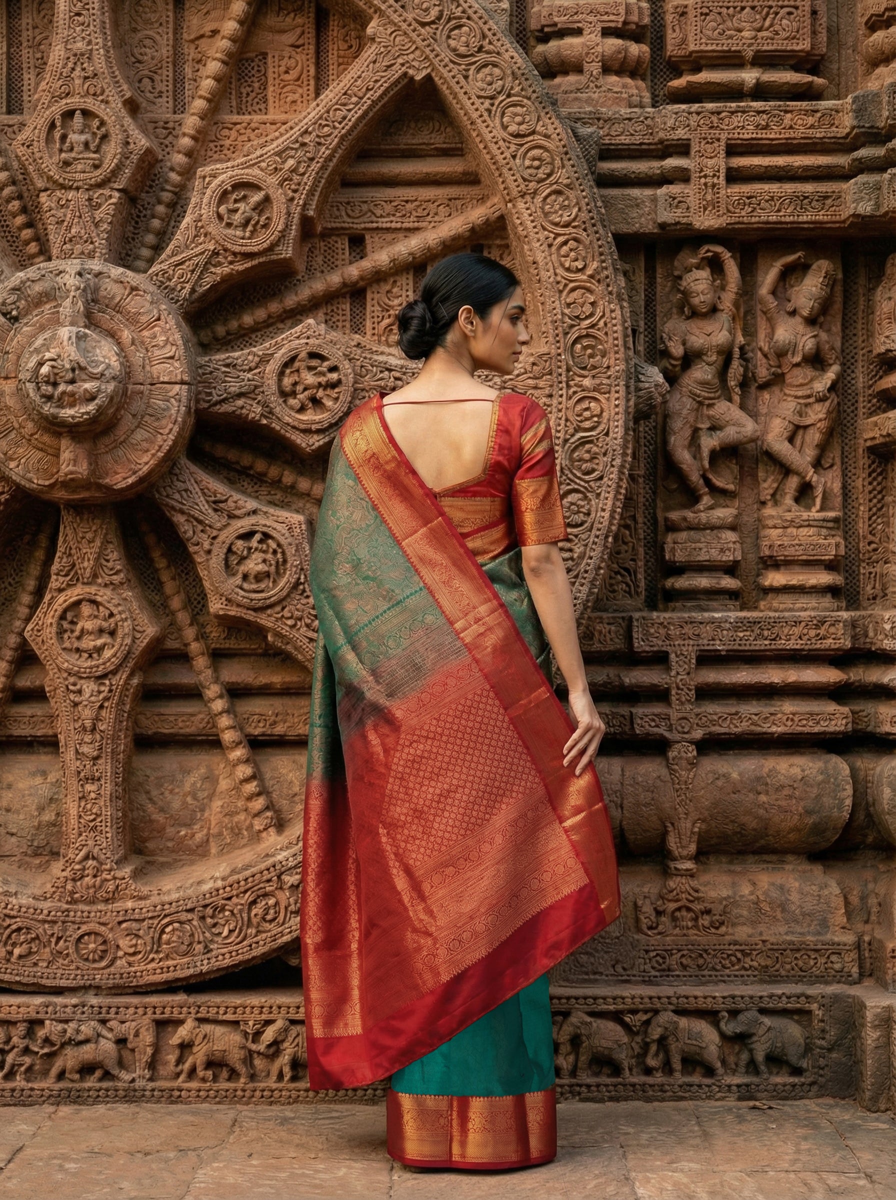 Semi Brocade Silk Saree in Green with Floral Design Copper Zari Contrast Ruby Pink Border