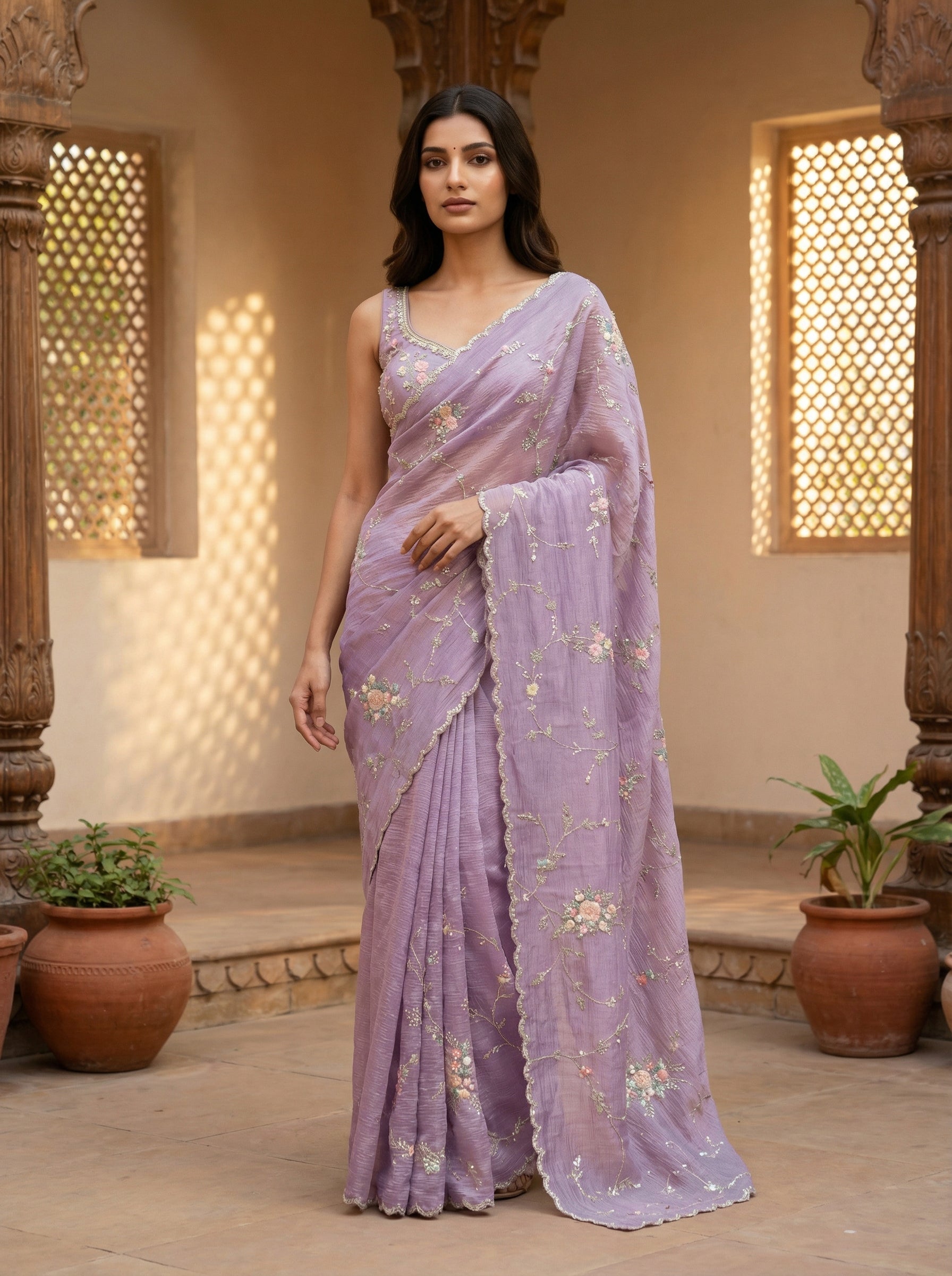 Lavender Designer Saree with Floral Thread & Sequence Work and Scalloped Border