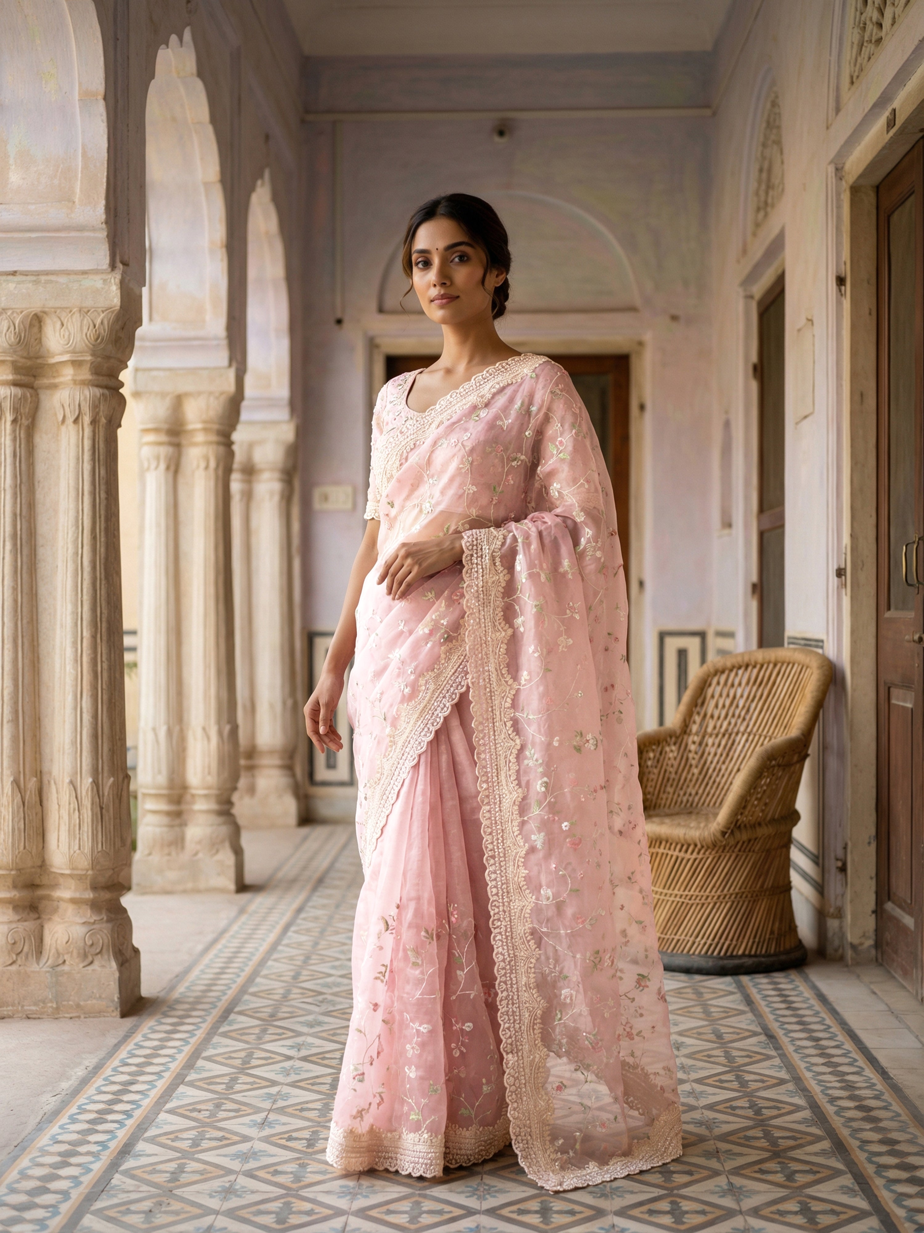 Baby Pink Designer Fancy Saree with Floral Embroidery and Scalloped Lace Border