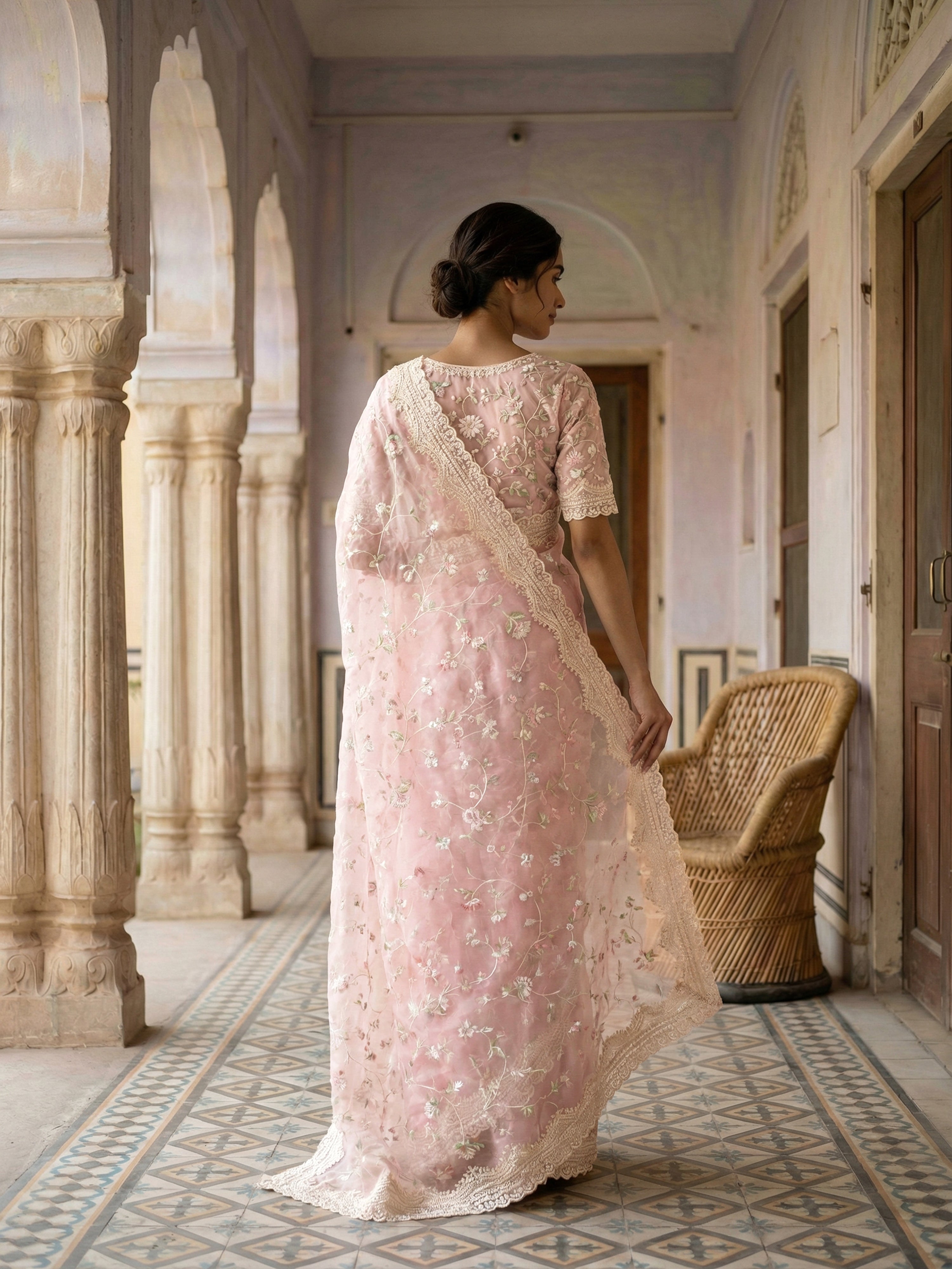 Baby Pink Designer Fancy Saree with Floral Embroidery and Scalloped Lace Border