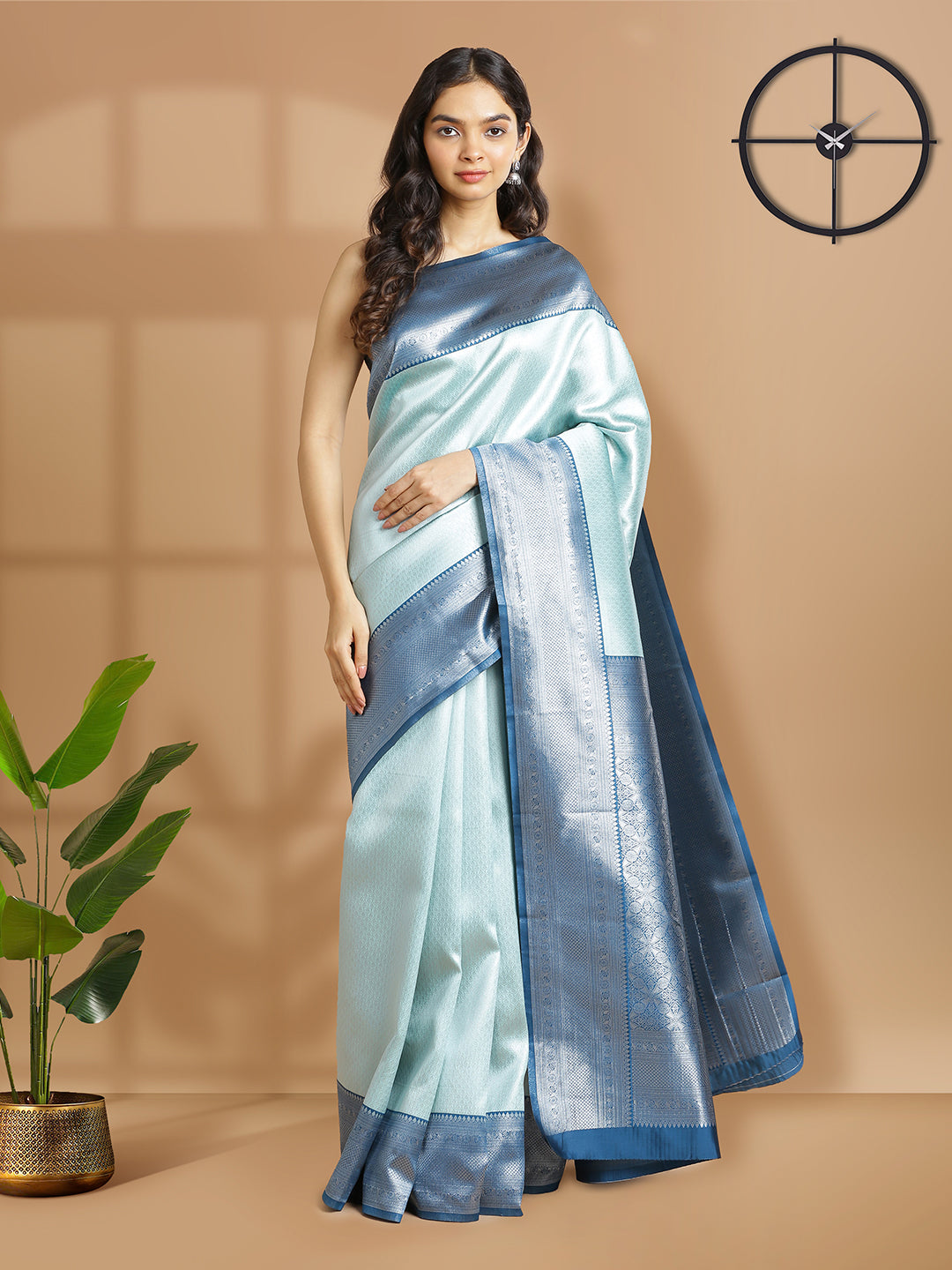 Pale Blue Color Silver Woven Designed Art Silk Saree With Peacock Blue Border
