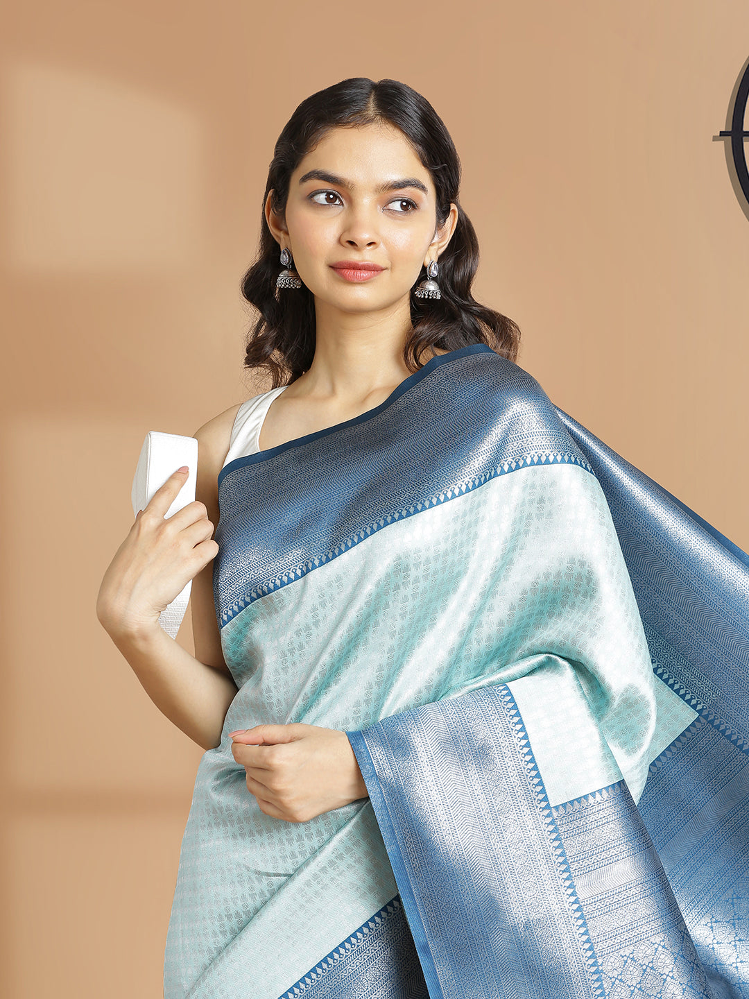 Pale Blue Color Art Silk Saree With Silver Temple Design Over Body