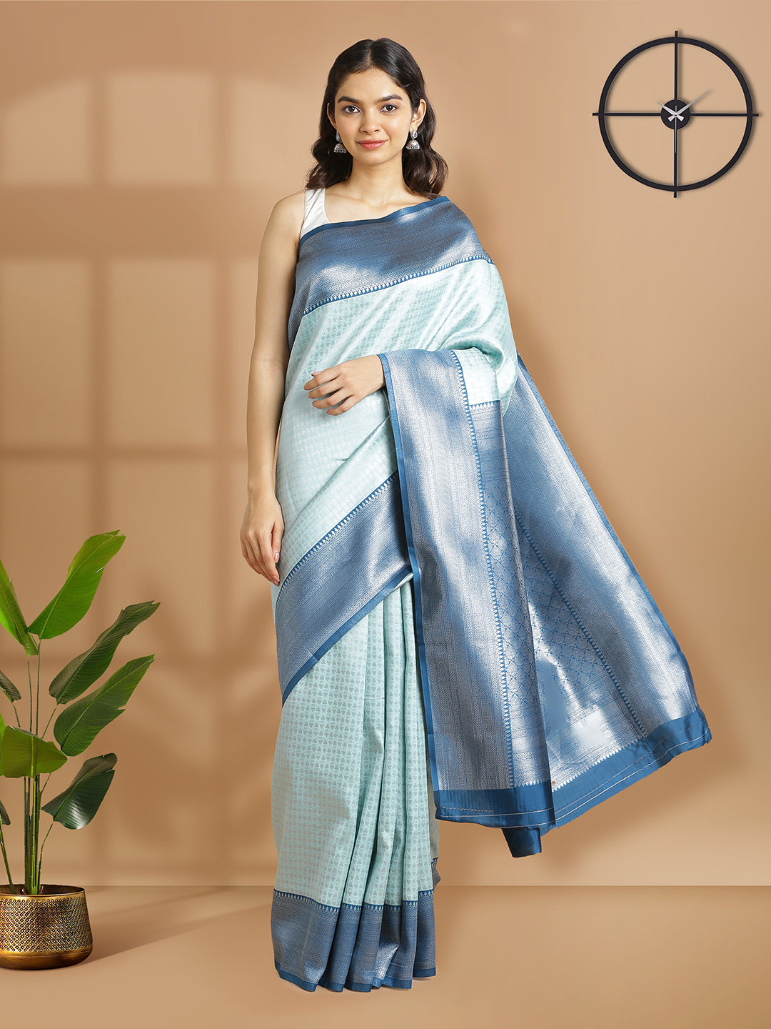 Pale Blue Color Art Silk Saree With Silver Temple Design Over Body