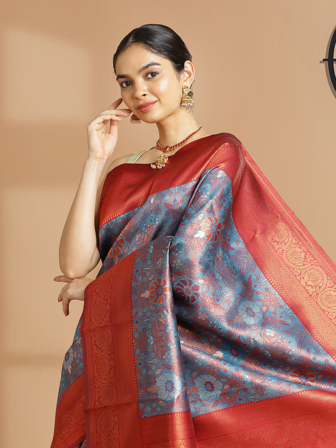Peacock Blue With Copper Tissue Saree With Floral Design And Dark Red Border