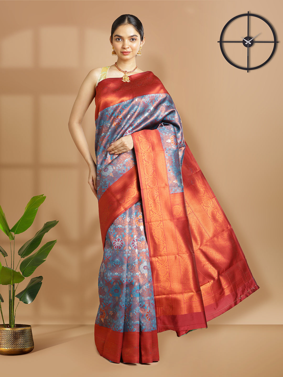 Peacock Blue With Copper Tissue Saree With Floral Design And Dark Red Border