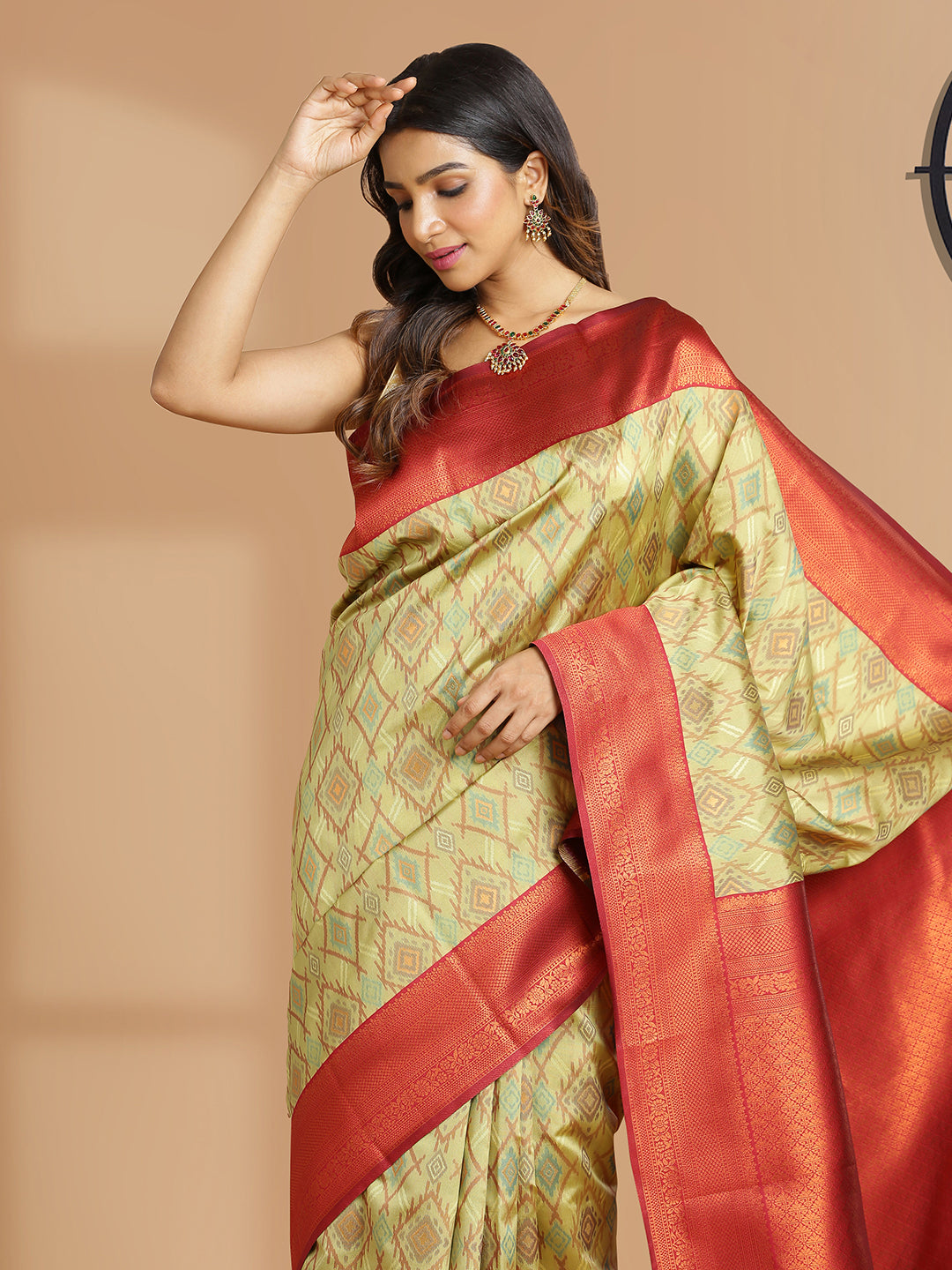 Pista Green Art Silk Saree With Ikat Design Over Body And Maroon Border