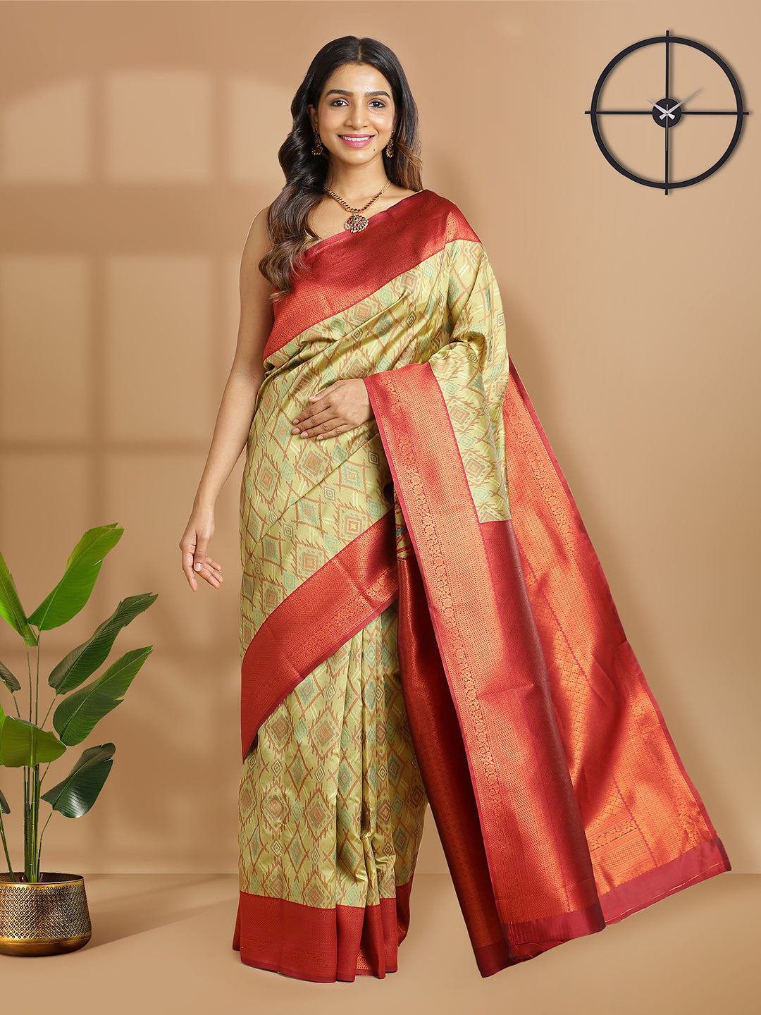 Pista Green Art Silk Saree With Ikat Design Over Body And Maroon Border