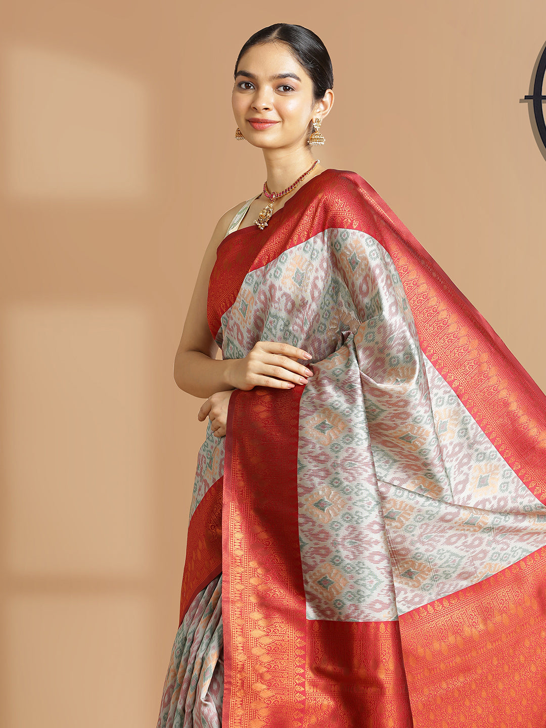 Ash Color Art Silk Saree With Ikat Design Over Body And Maroon Border