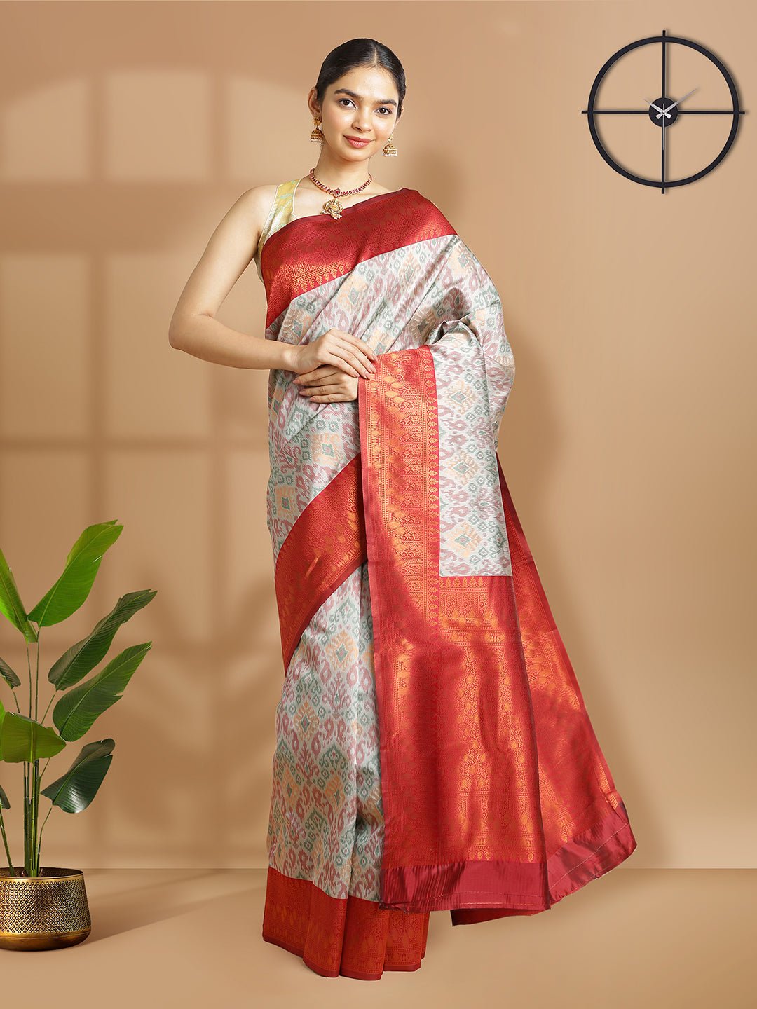 Ash Color Art Silk Saree With Ikat Design Over Body And Maroon Border