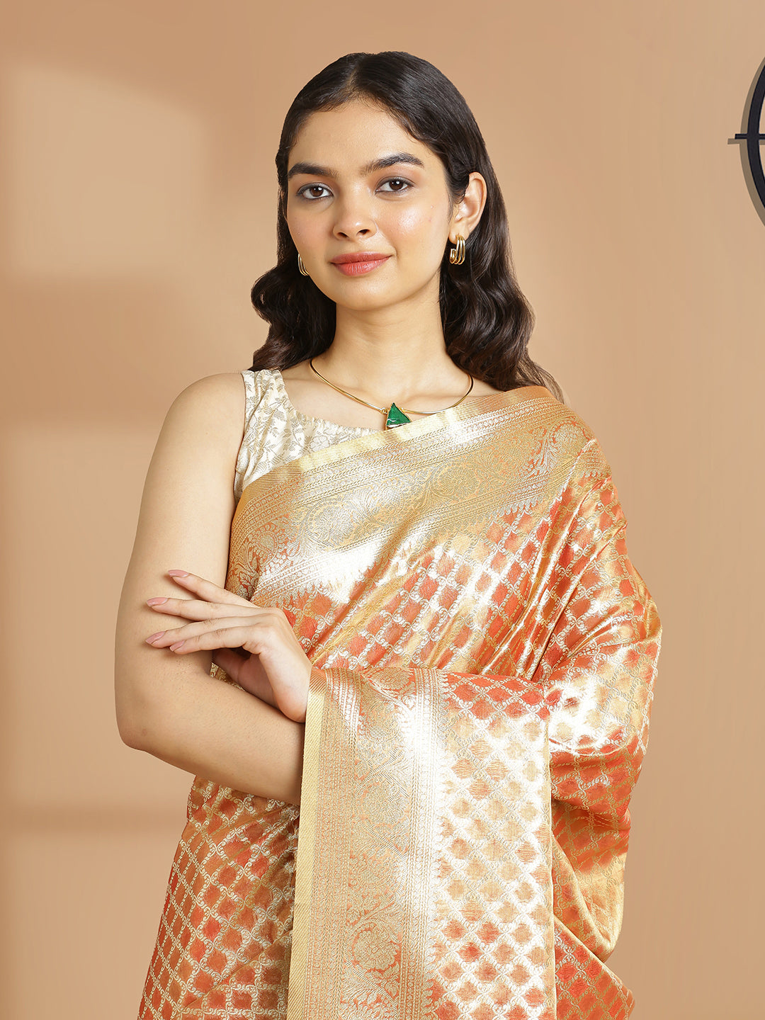Orange Color With Golden Tissue Saree With Golden Thread Design Over Body
