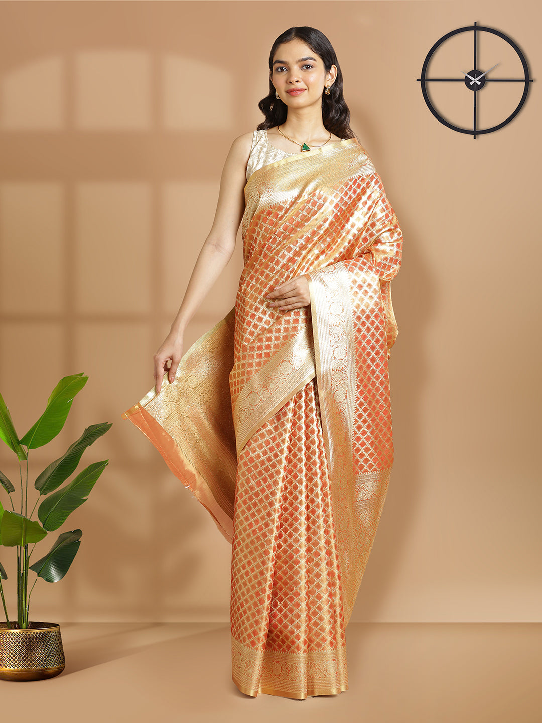 Orange Color With Golden Tissue Saree With Golden Thread Design Over Body