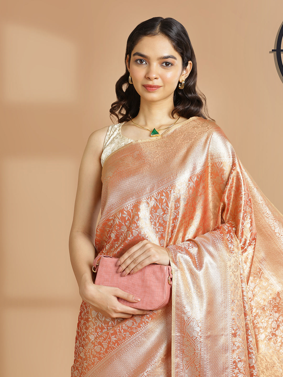 Metalic Rust Color With Golden Tissue Saree With Self Floral Design And Same Zari Border