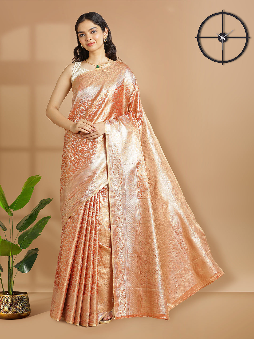 Metalic Rust Color With Golden Tissue Saree With Self Floral Design And Same Zari Border