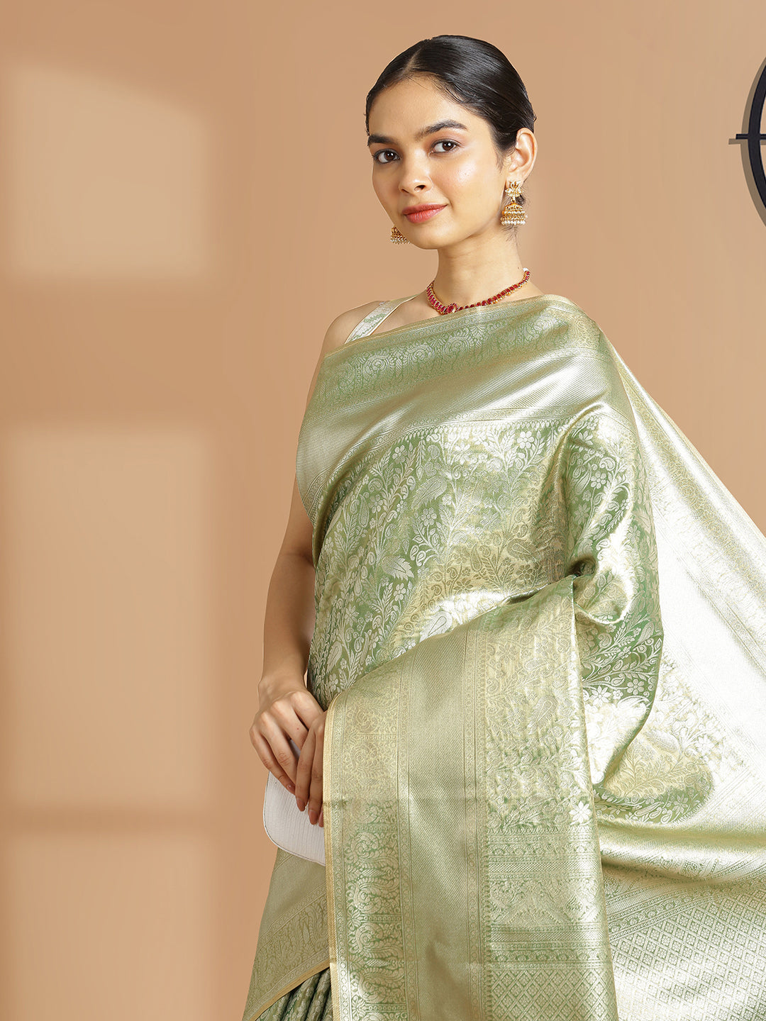 Olive Green With Golden Tissue Saree With Self Floral Design And Same Zari Border