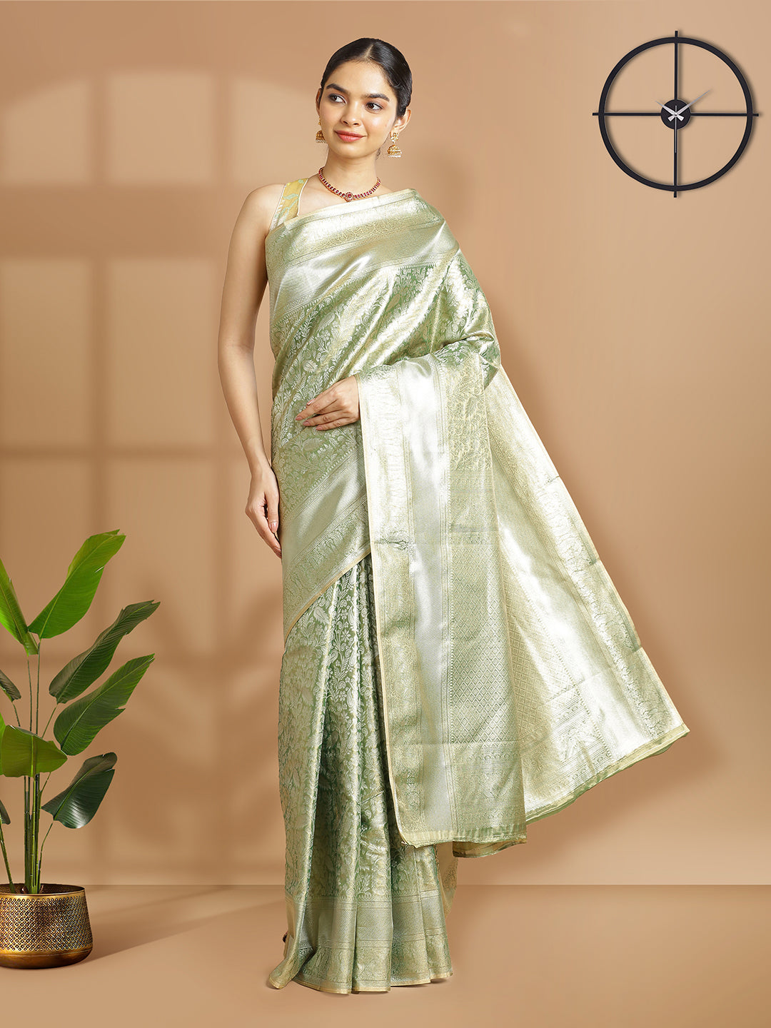 Olive Green With Golden Tissue Saree With Self Floral Design And Same Zari Border