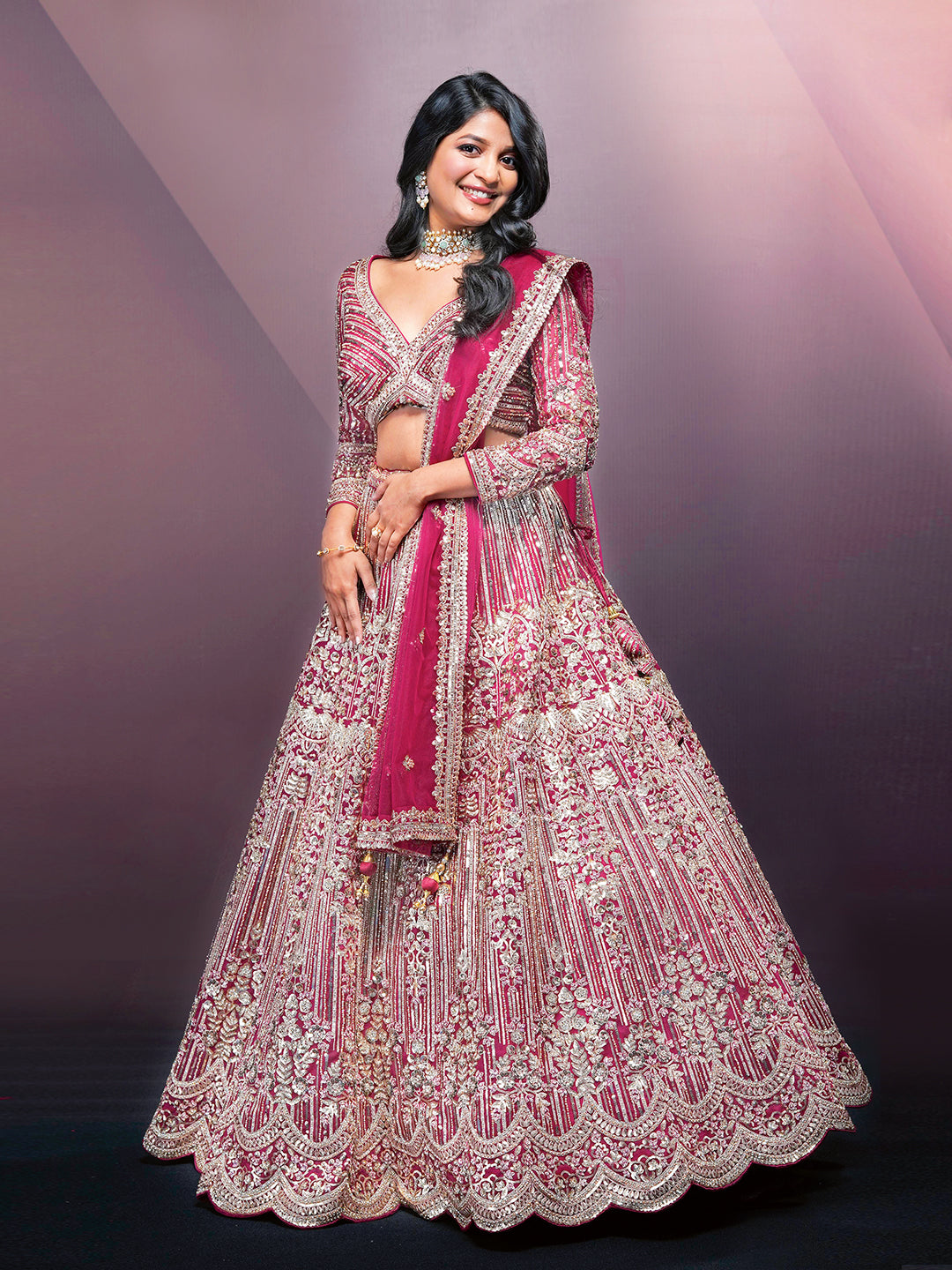Zig Zag With Sequence Design Silver Stone Pink Lehenga