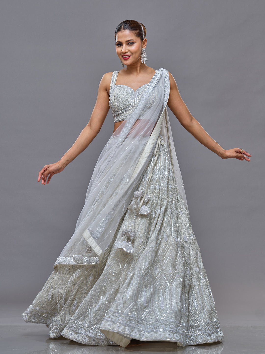 Silver  Beads & Sequence With Off White Pearl Work Lehengha