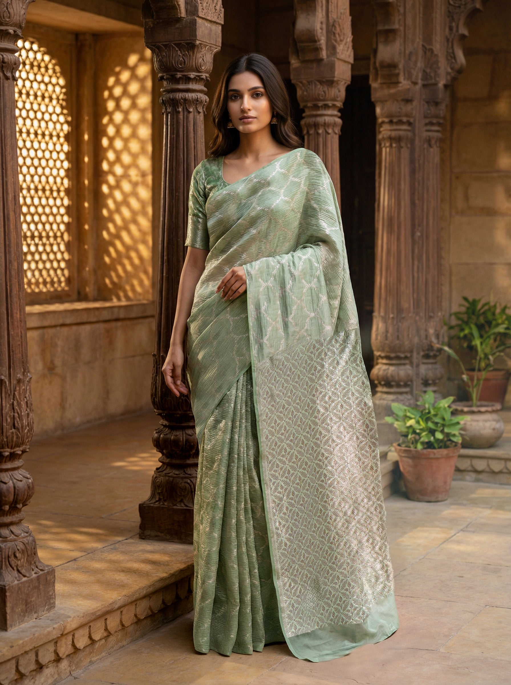 Pure Tusser Silk Saree in Pastel Green with Woven Abstract Pattern & Antique Zari Pallu