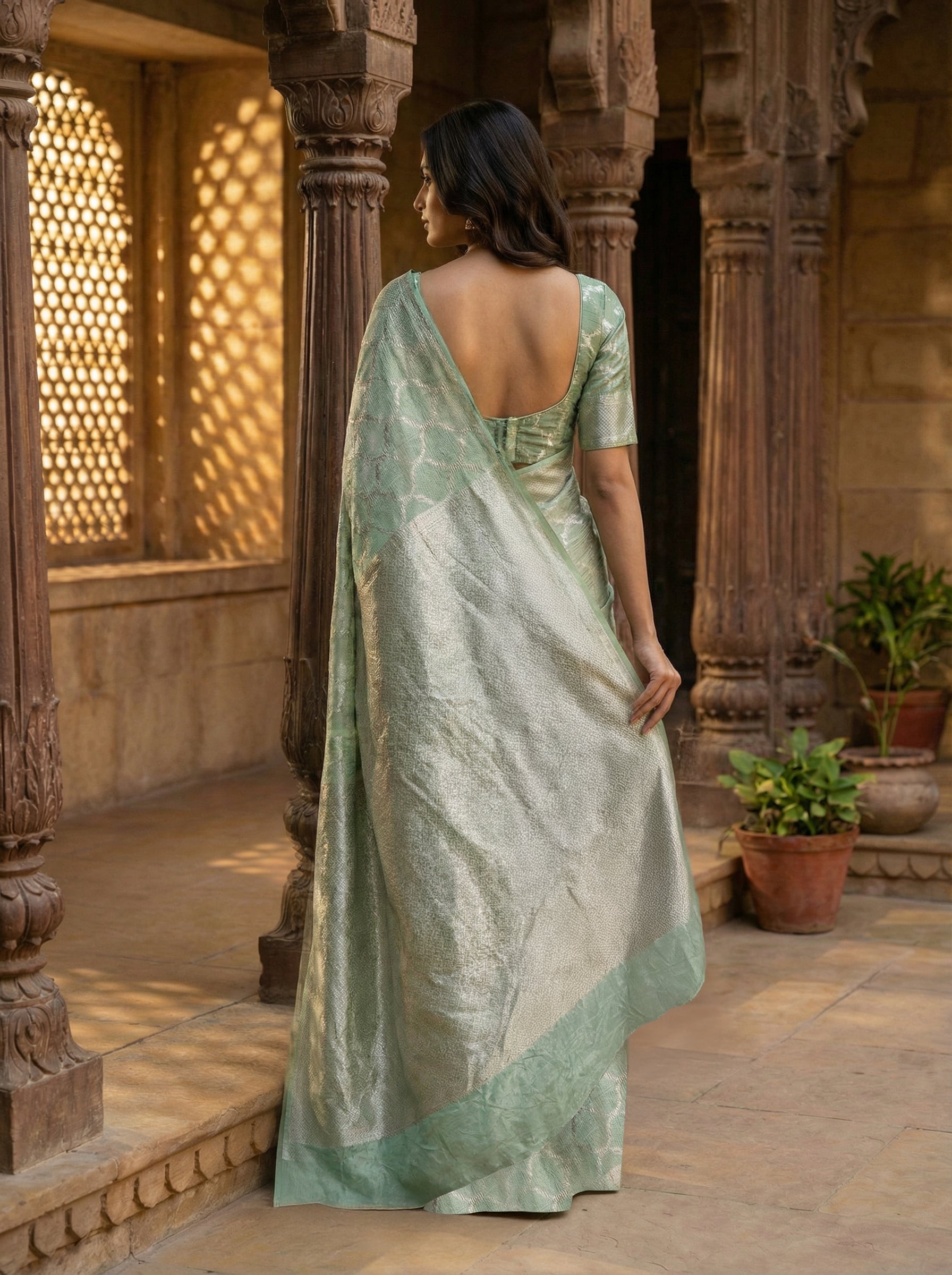 Pure Tusser Silk Saree in Pastel Green with Woven Abstract Pattern & Antique Zari Pallu