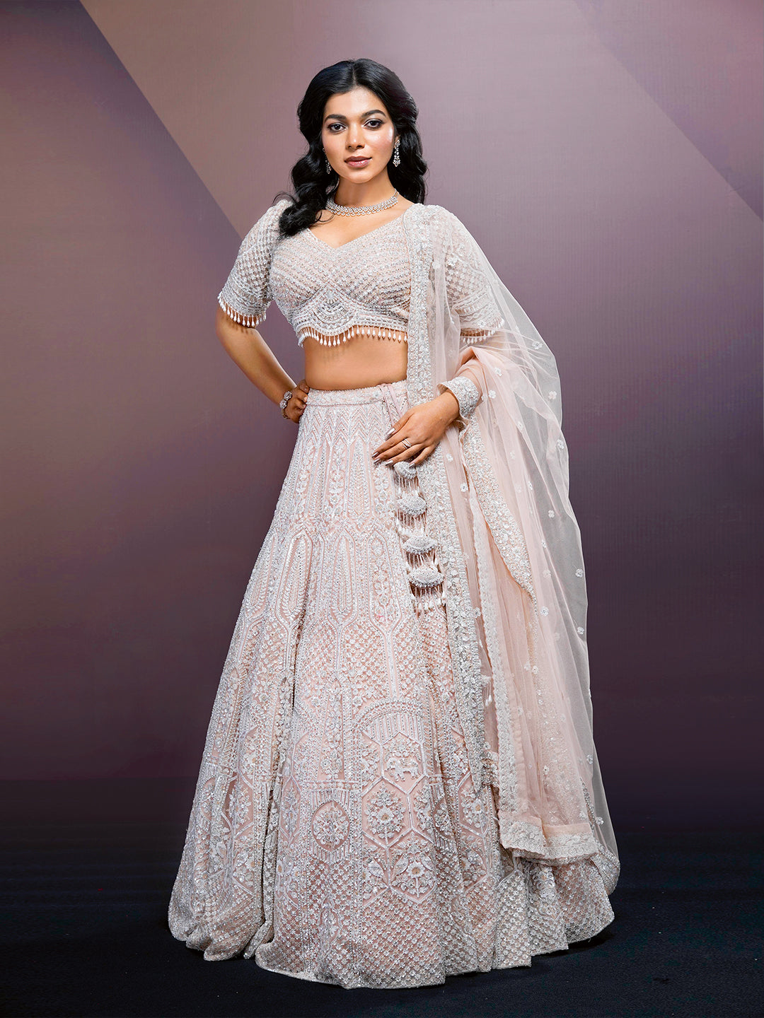 Silver Stone Sequence & Off-white Pearl Design Lehenga