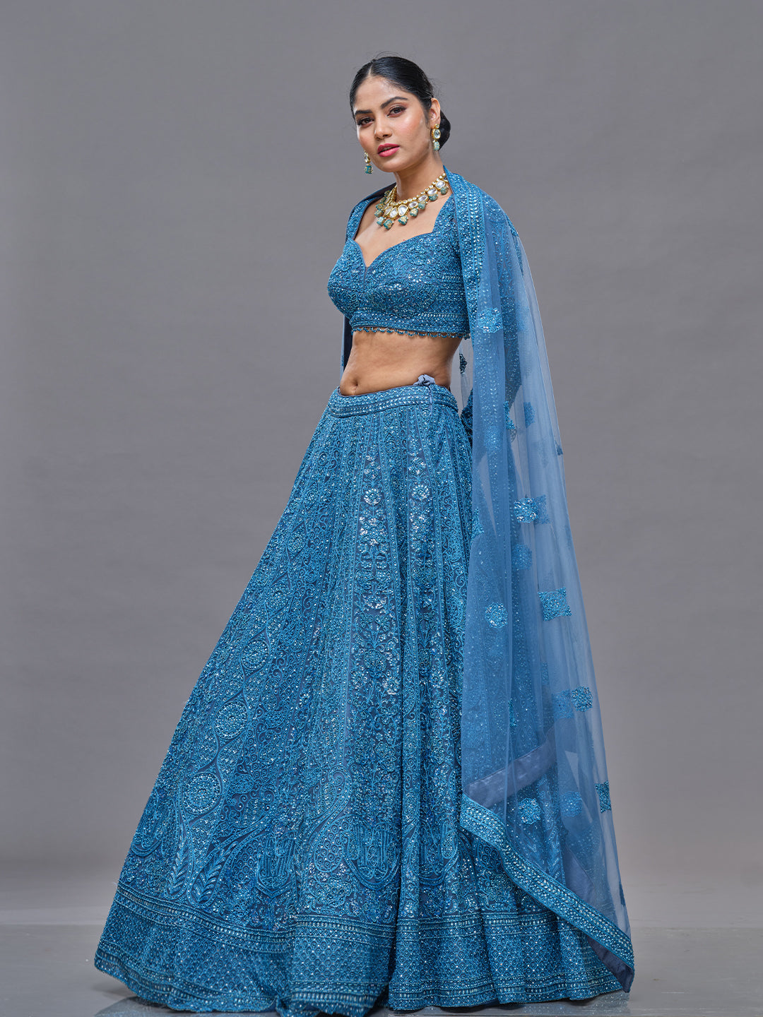 Silver Stones With Self Beads Geometric Design Lehenga