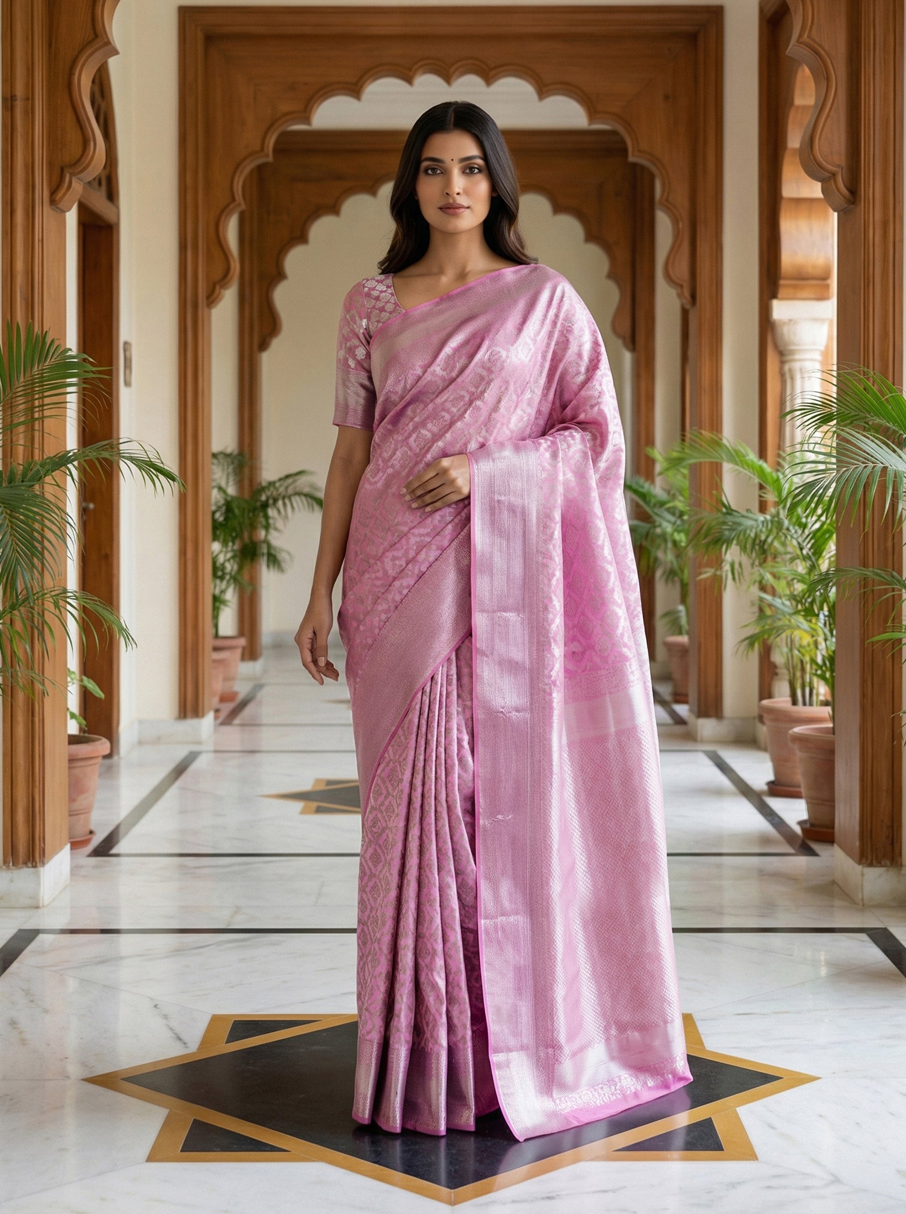 Raj Gharana Pure Kancheepuram Silk Saree in Baby Pink with Charcoal Zari