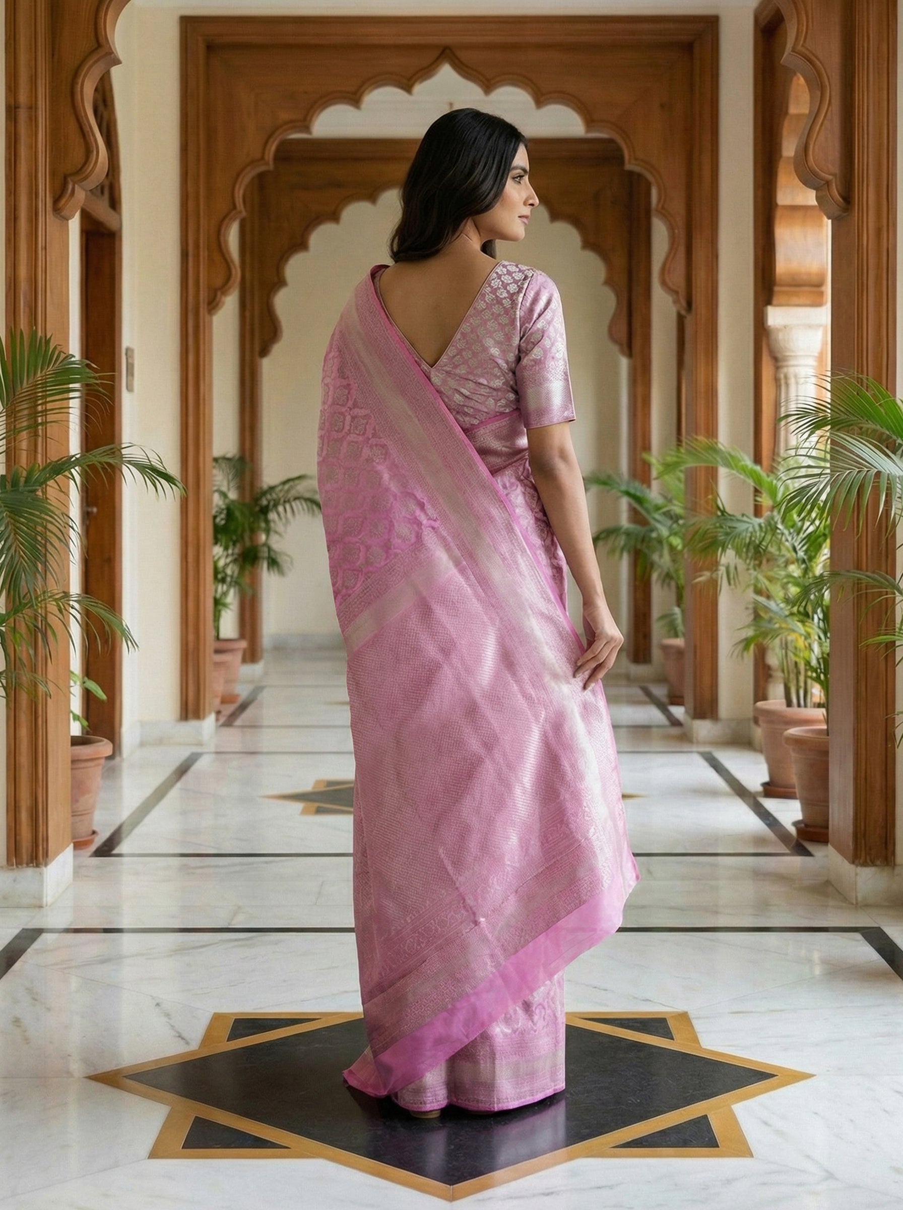 Raj Gharana Pure Kancheepuram Silk Saree in Baby Pink with Charcoal Zari