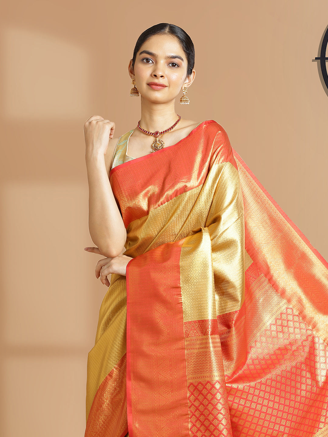 Golden Color Tissue Saree Self Woven Design Over Body And Brick Red Border