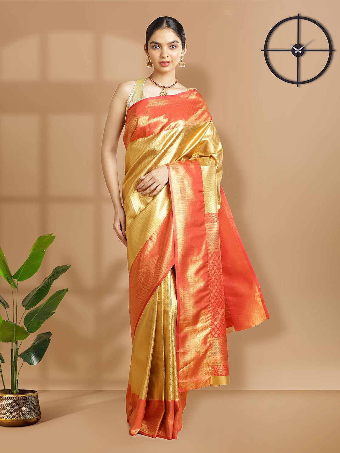 Golden Color Tissue Saree Self Woven Design Over Body And Brick Red Border