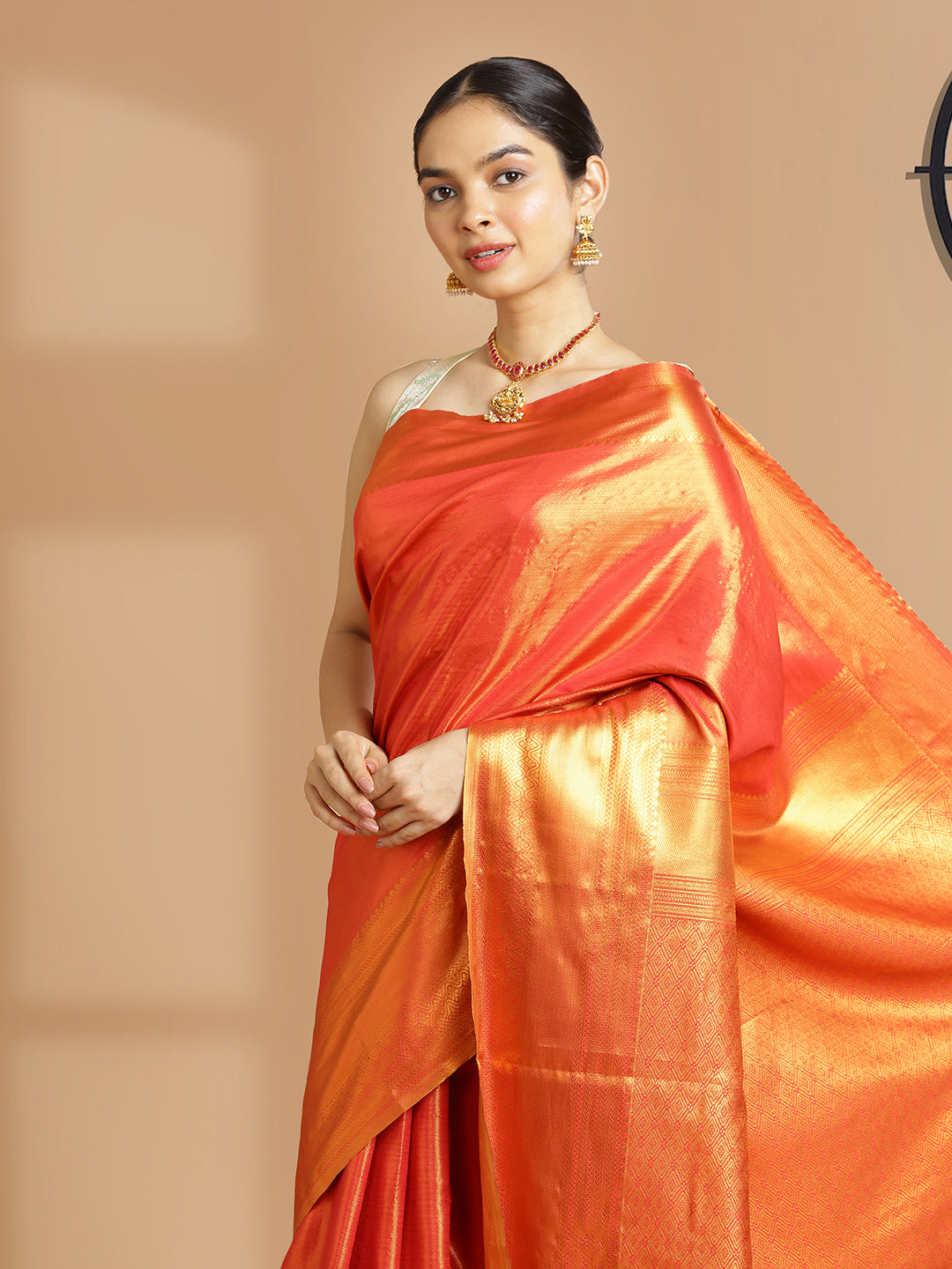 Red Color Tissue Saree With Golden Zig Zag Self Desgn Over Body Same Zari Border