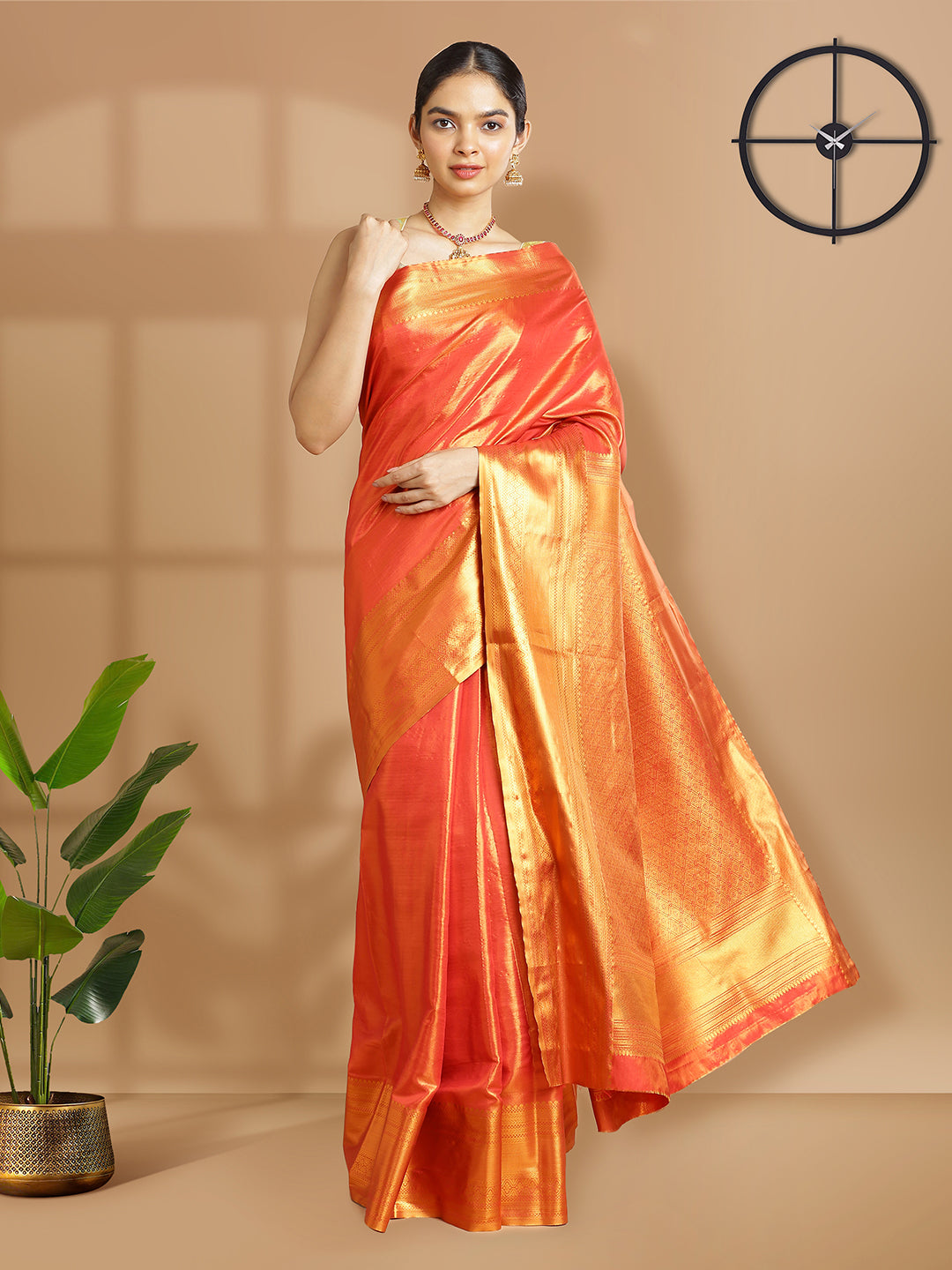 Red Color Tissue Saree With Golden Zig Zag Self Desgn Over Body Same Zari Border