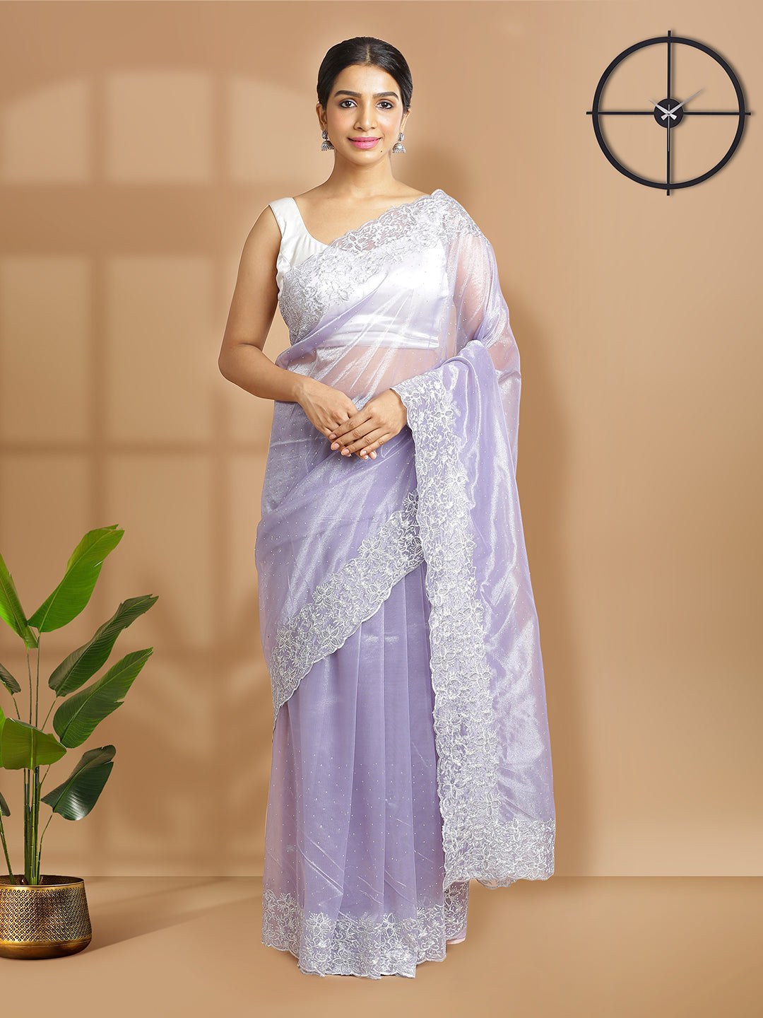 Lavender Color Net Tissue Saree With Multi Mini Stones Over Body