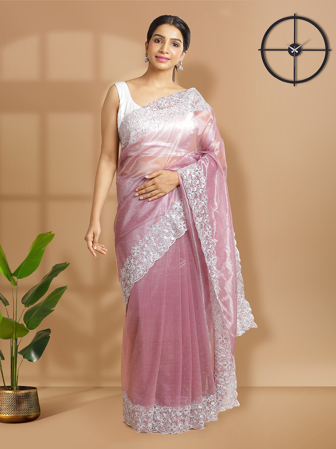 Onion Pink Net Tissue Saree With Multi Mini Stones Over Body