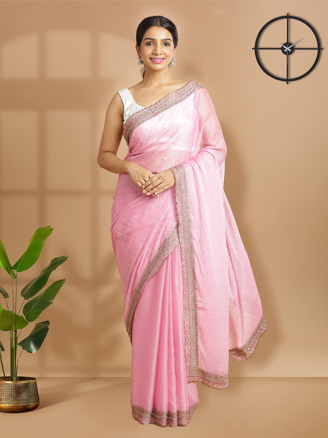 Rose Color Georgette Saree With Antique Mini Stones Over Body