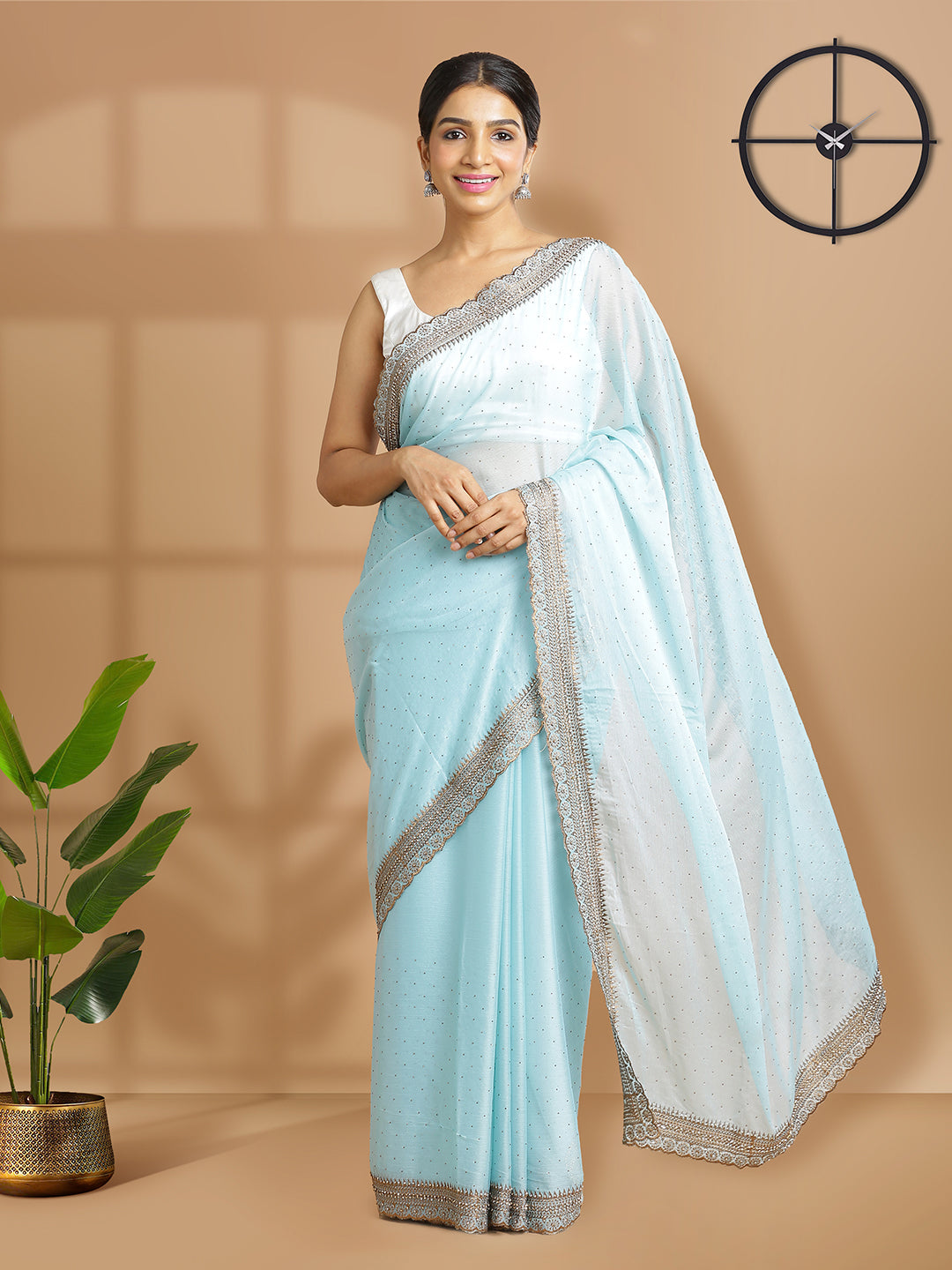 Light Blue Color Georgette Saree With Antique Mini Stone Work Over Body